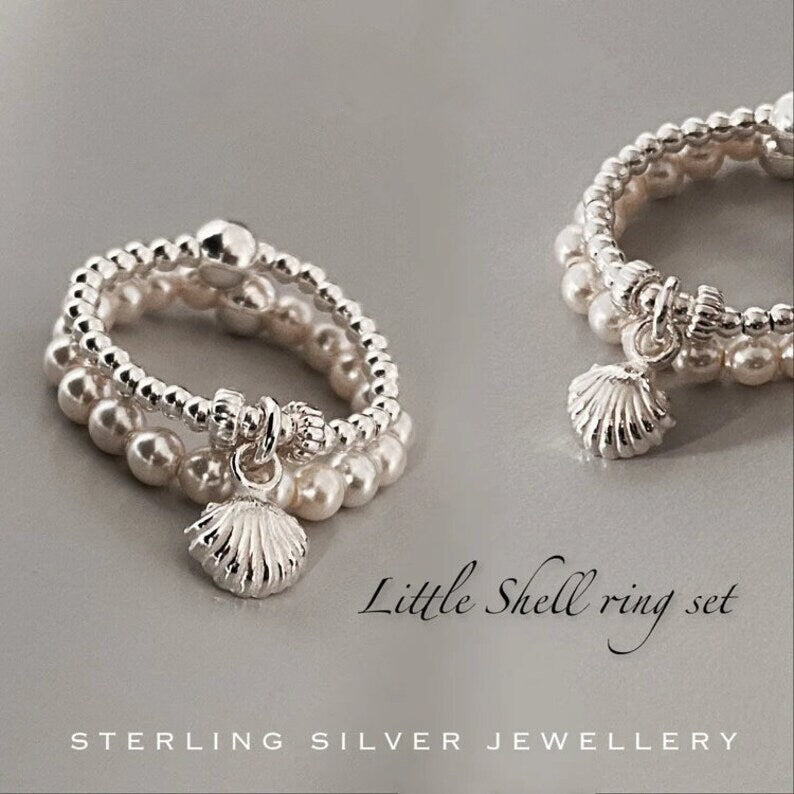 sterling silver shell ring set, stackable ring, pearl ring stack, handmade jewellery, seaside jewellery, LITTLE SHELL stack-LSP04