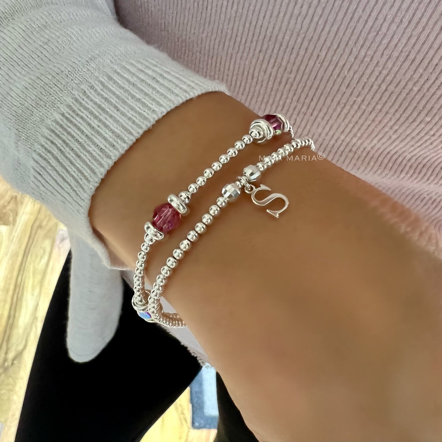 initial bracelet, sterling silver, bead bracelet, handmade gift, stretchy bracelet, gift for sister, gift for wife, INITIAL CHARM SB64