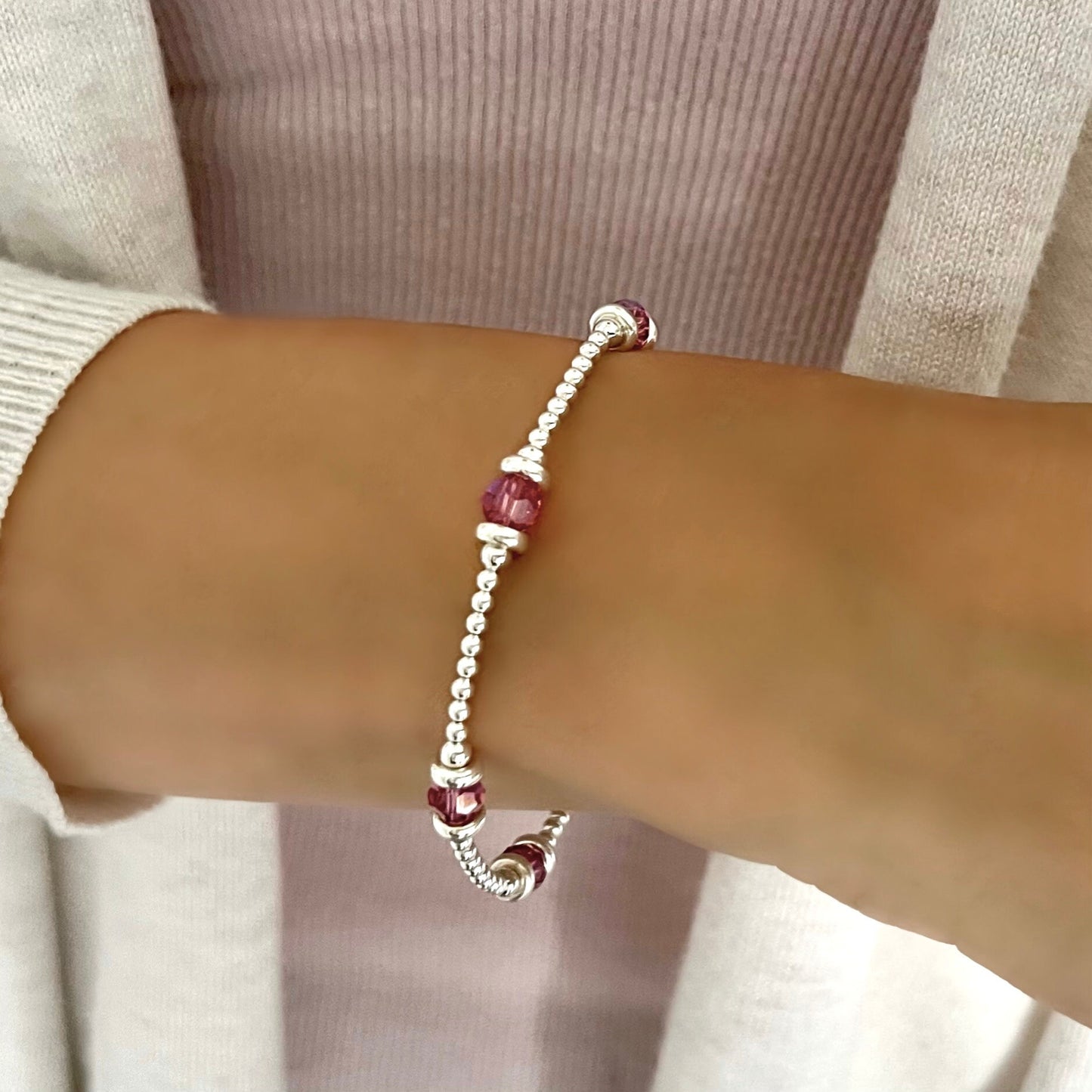 birthstone bracelet, sterling silver, bead bracelet, stretchy, handmade, gift for her, personalised jewellery, JESSICA SBM02