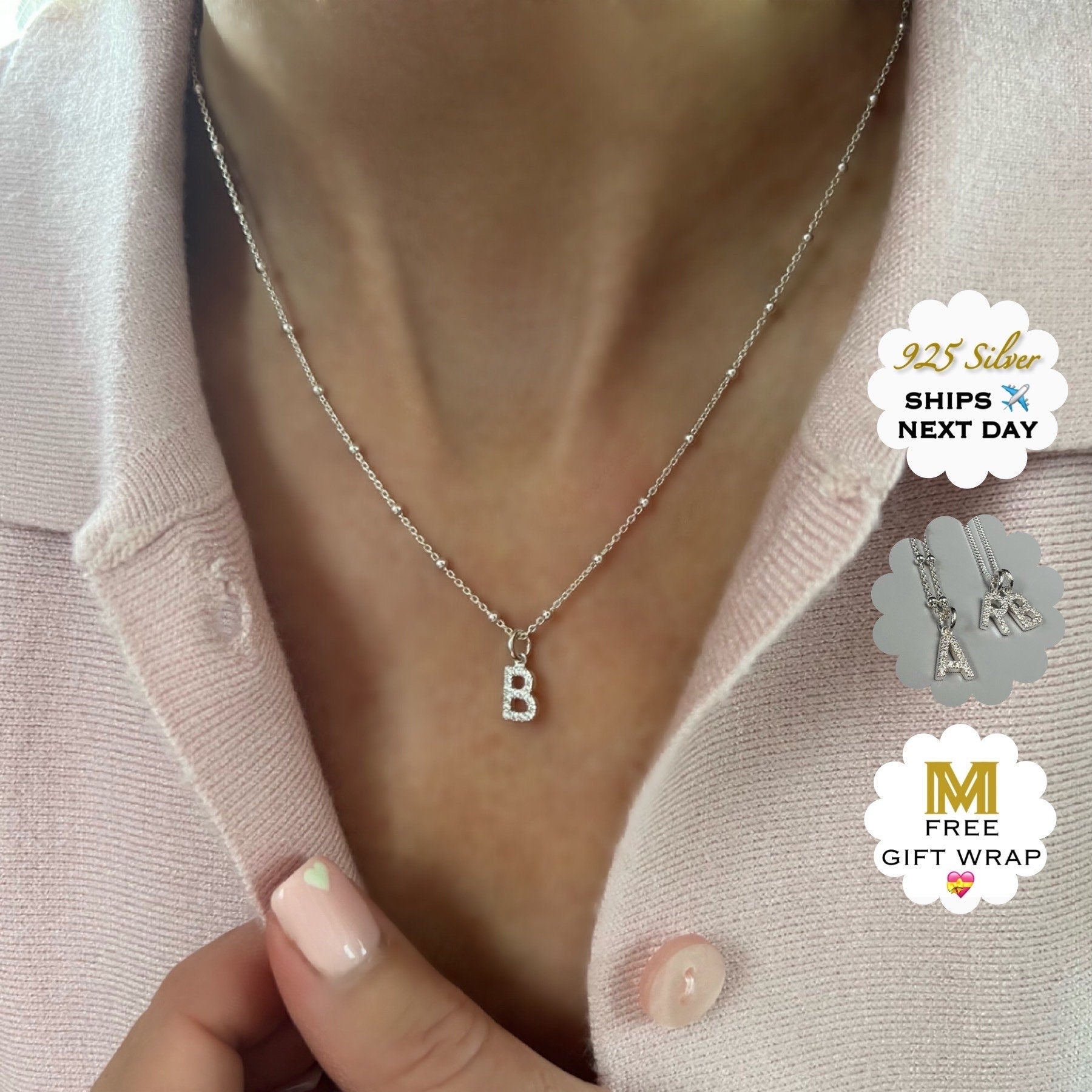 dainty initial necklace, 18th birthday gift, minimalist letter charm, personalised gifts, sterling silver jewellery, CRYSTAL initial-SN10