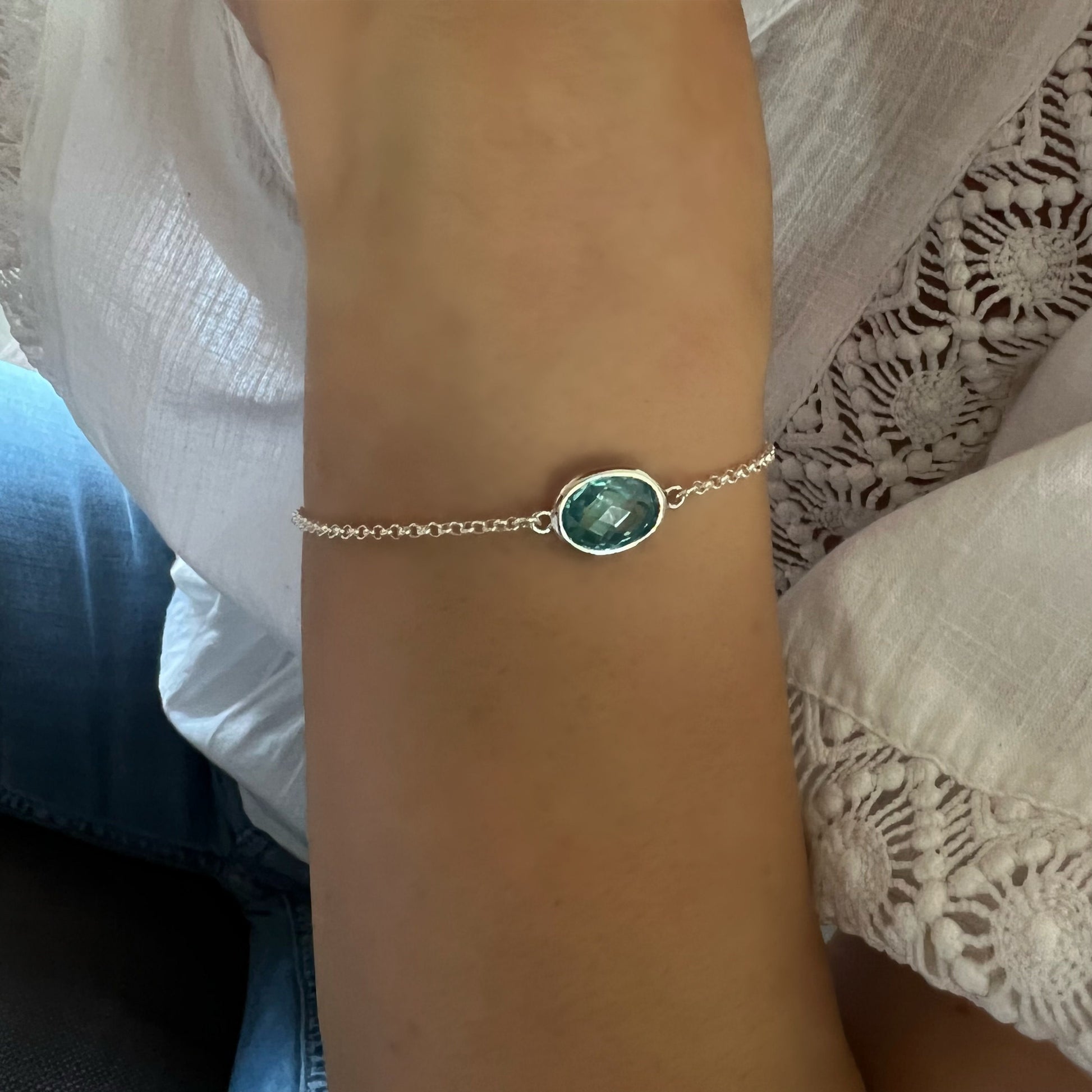 gemstone charm bracelet, aquamarine crystal bracelet, minimalist jewellery, handmade jewellery, gifts for women, KATE-SB9