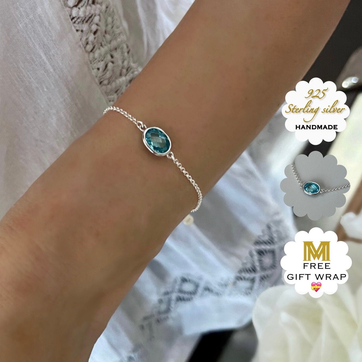 gemstone charm bracelet, aquamarine crystal bracelet, minimalist jewellery, handmade jewellery, gifts for women, KATE-SB9