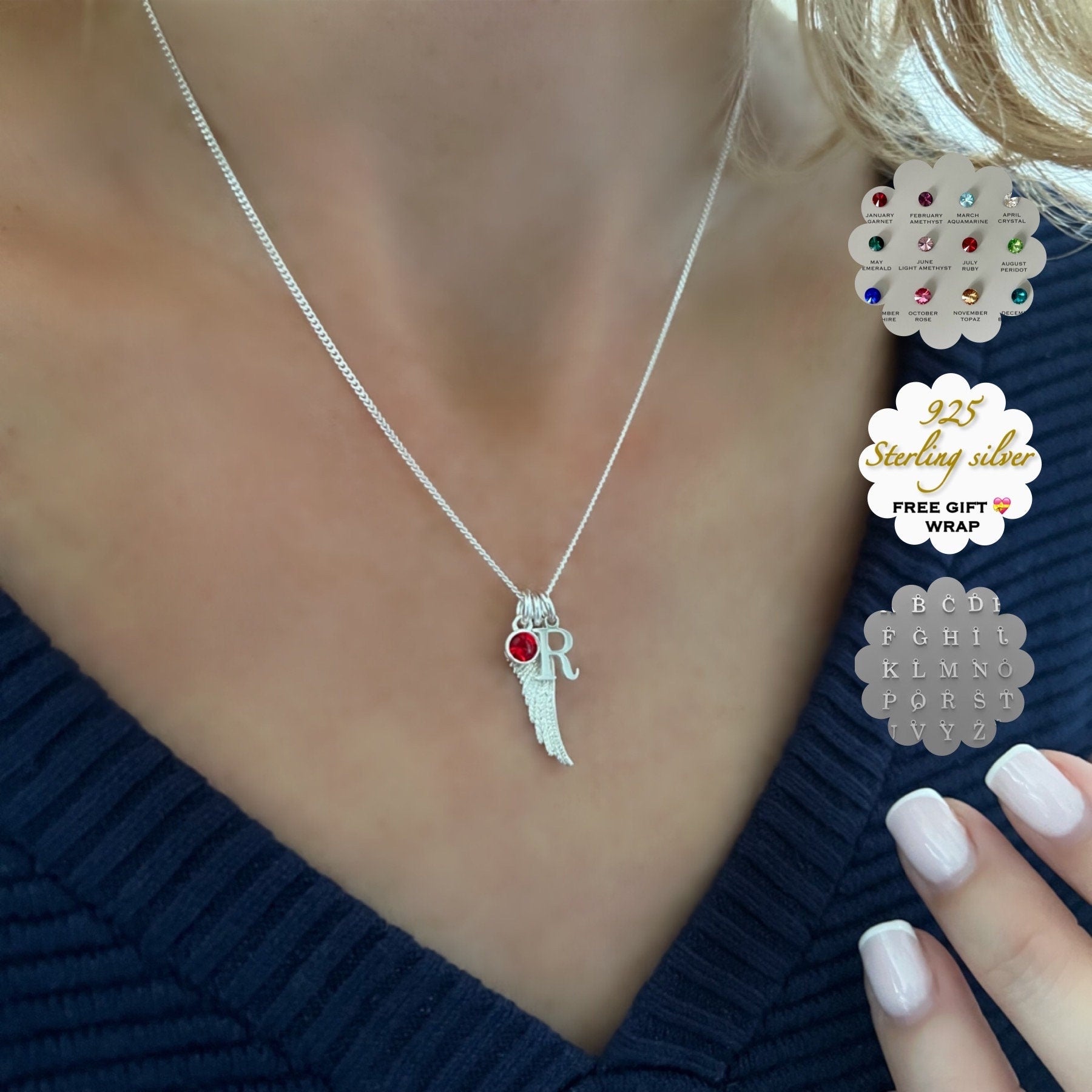 initial necklace with angel wing and birthstone charm, multi charm necklace, birthday gifts, handmade gifts, STELLA-SN19