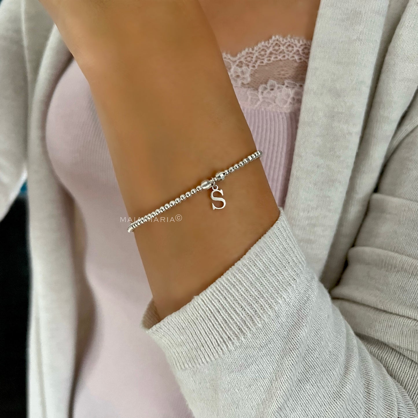 initial bracelet, sterling silver, bead bracelet, handmade gift, stretchy bracelet, gift for sister, gift for wife, INITIAL CHARM SB64