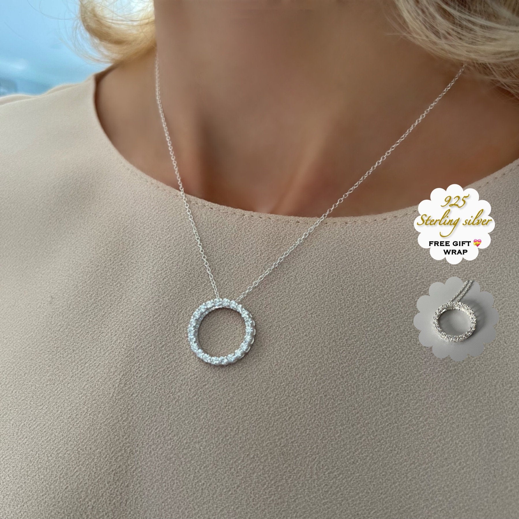 circle of life necklace, sterling silver, gift for women, round pendant, necklace for women, pave pendant, gift for mum, SNM11