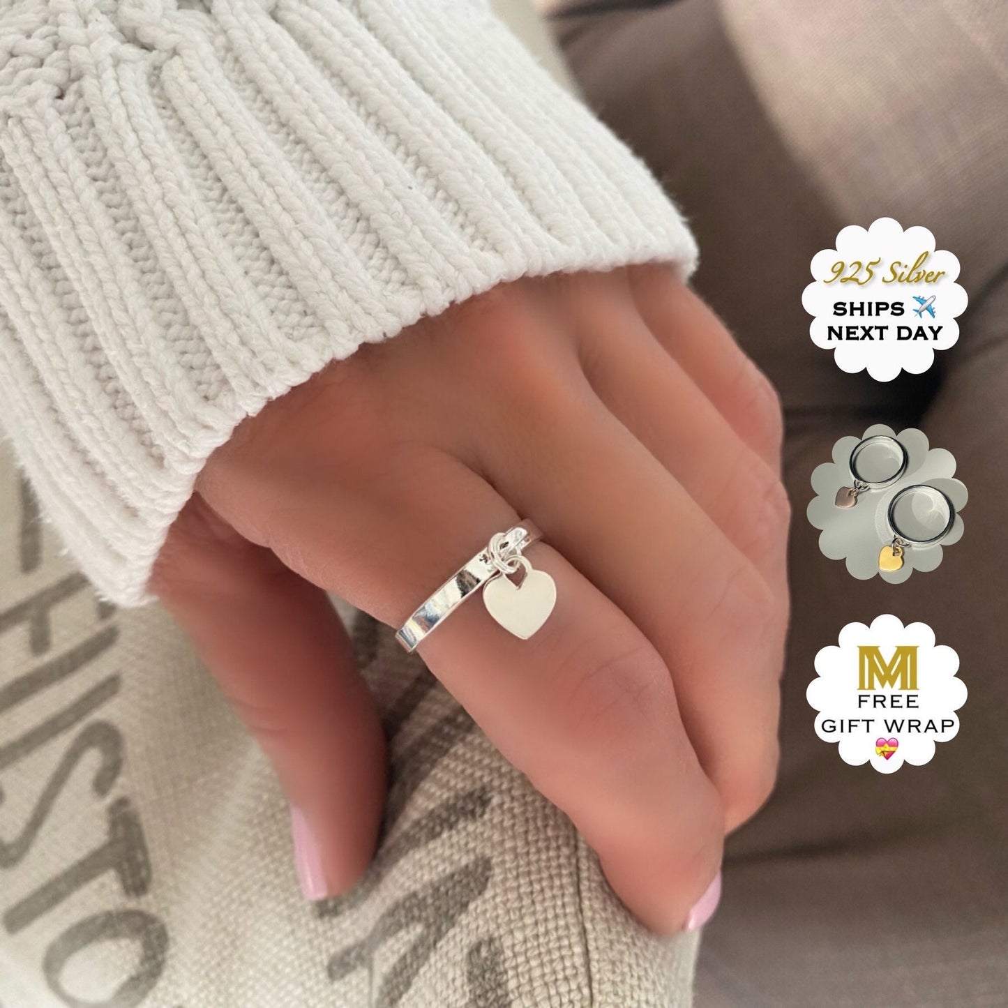 heart charm ring, birthday gift, handmade gifts, silver band ring, heart ring, minimalist jewellery, charm ring, Anya heart ring-SR55