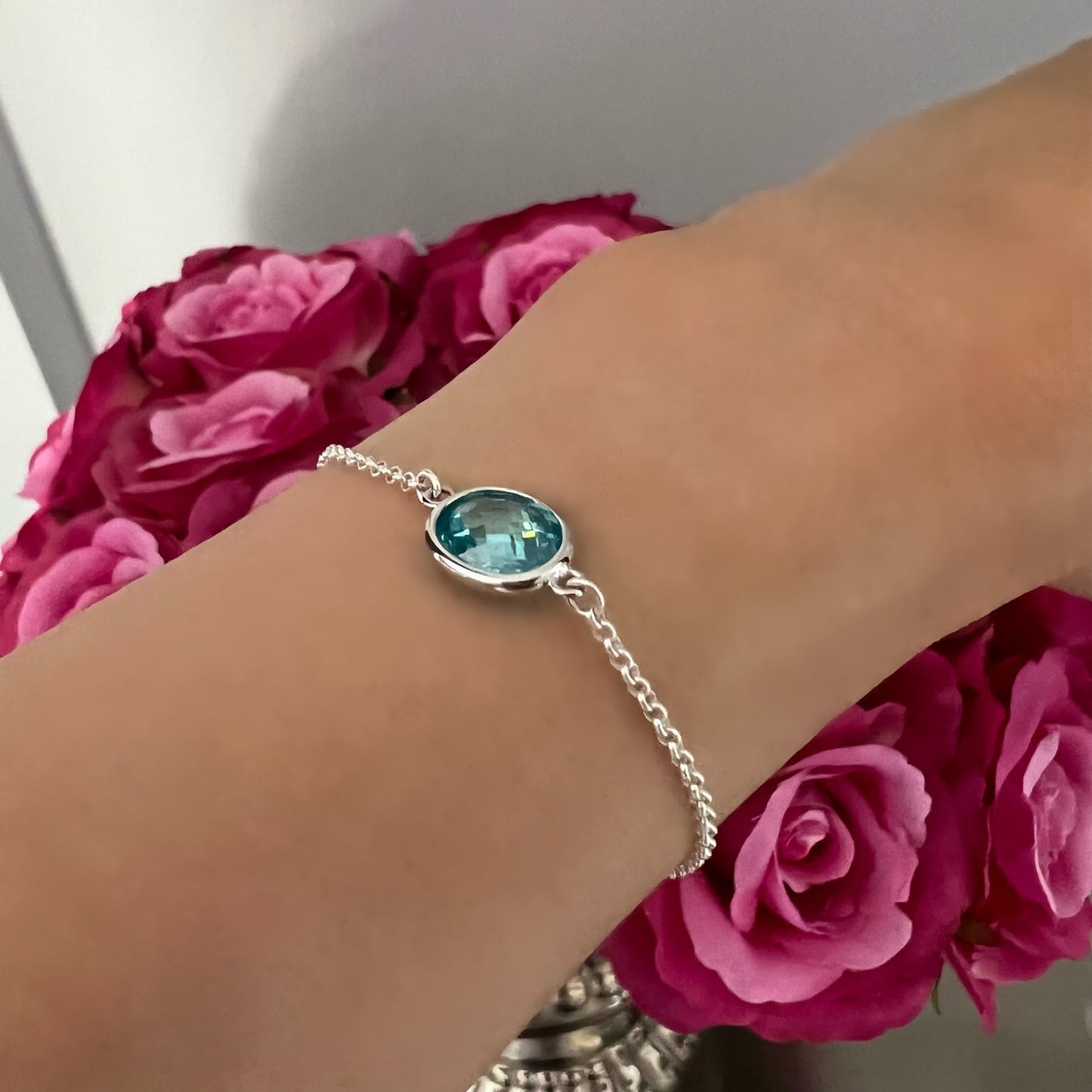 gemstone charm bracelet, aquamarine crystal bracelet, minimalist jewellery, handmade jewellery, gifts for women, KATE-SB9