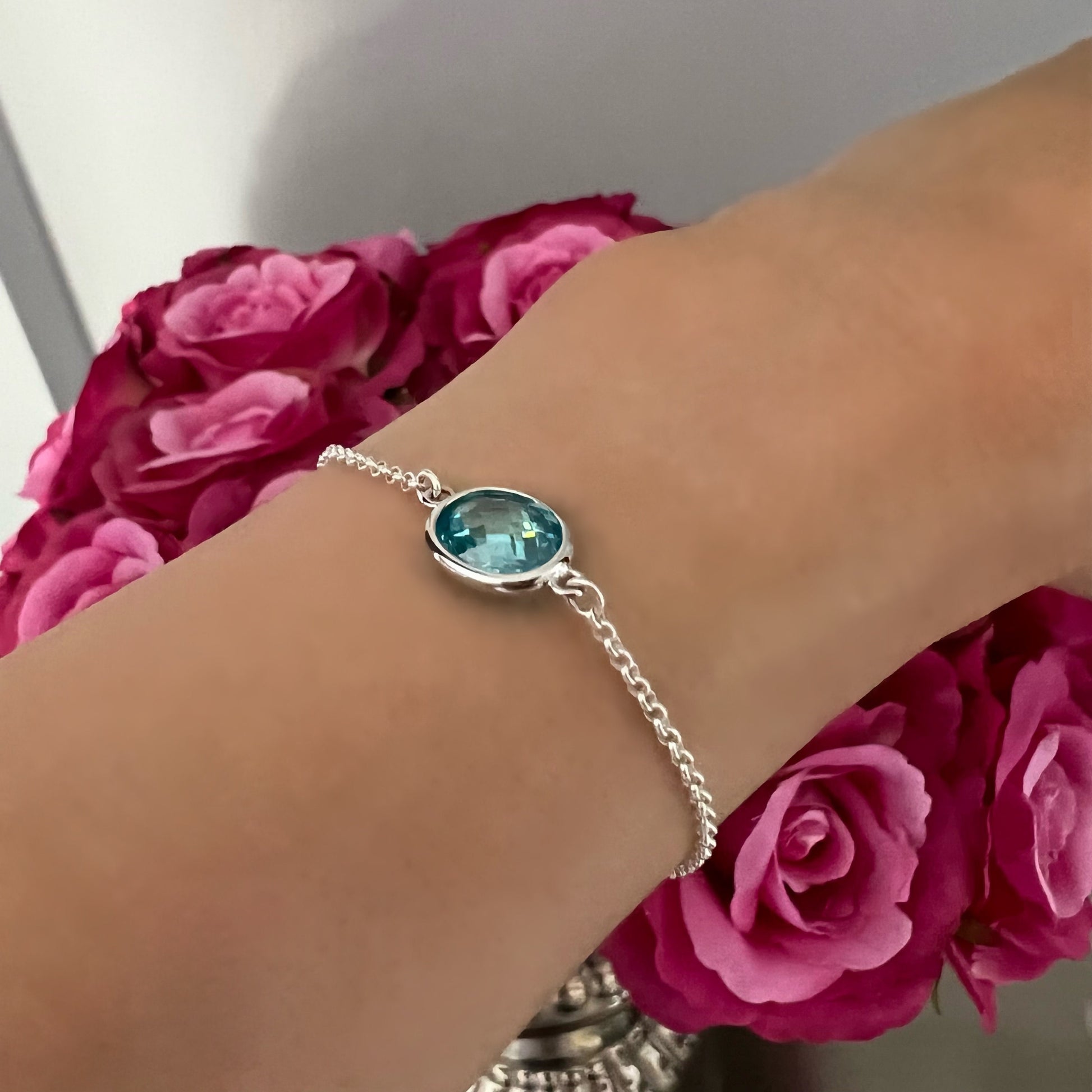 gemstone charm bracelet, aquamarine crystal bracelet, minimalist jewellery, handmade jewellery, gifts for women, KATE-SB9