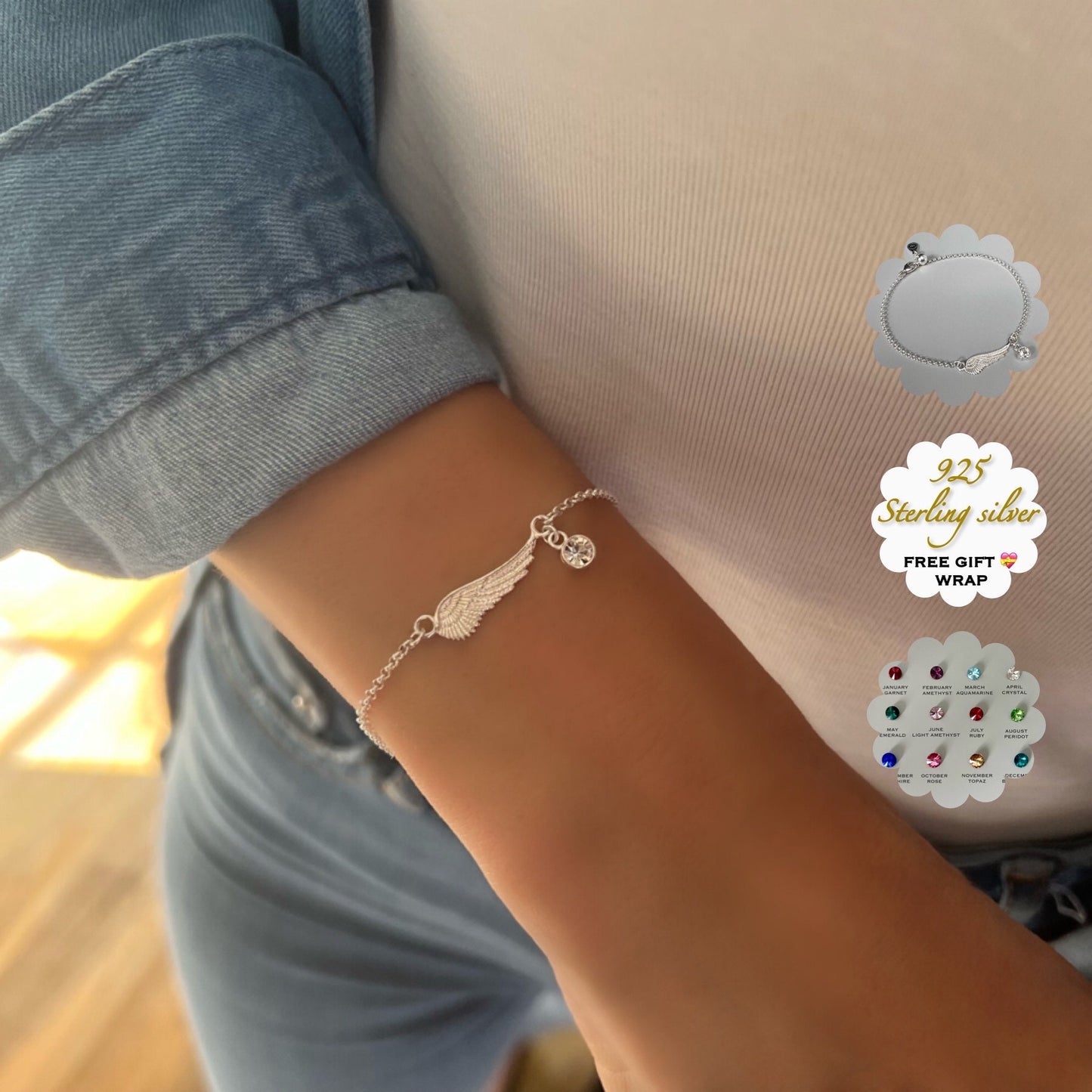 dainty birthstone angel wing sterling silver bracelet, crystal charm bracelet, handmade jewellery, angel jewellery, Alleya birthstone-SB9