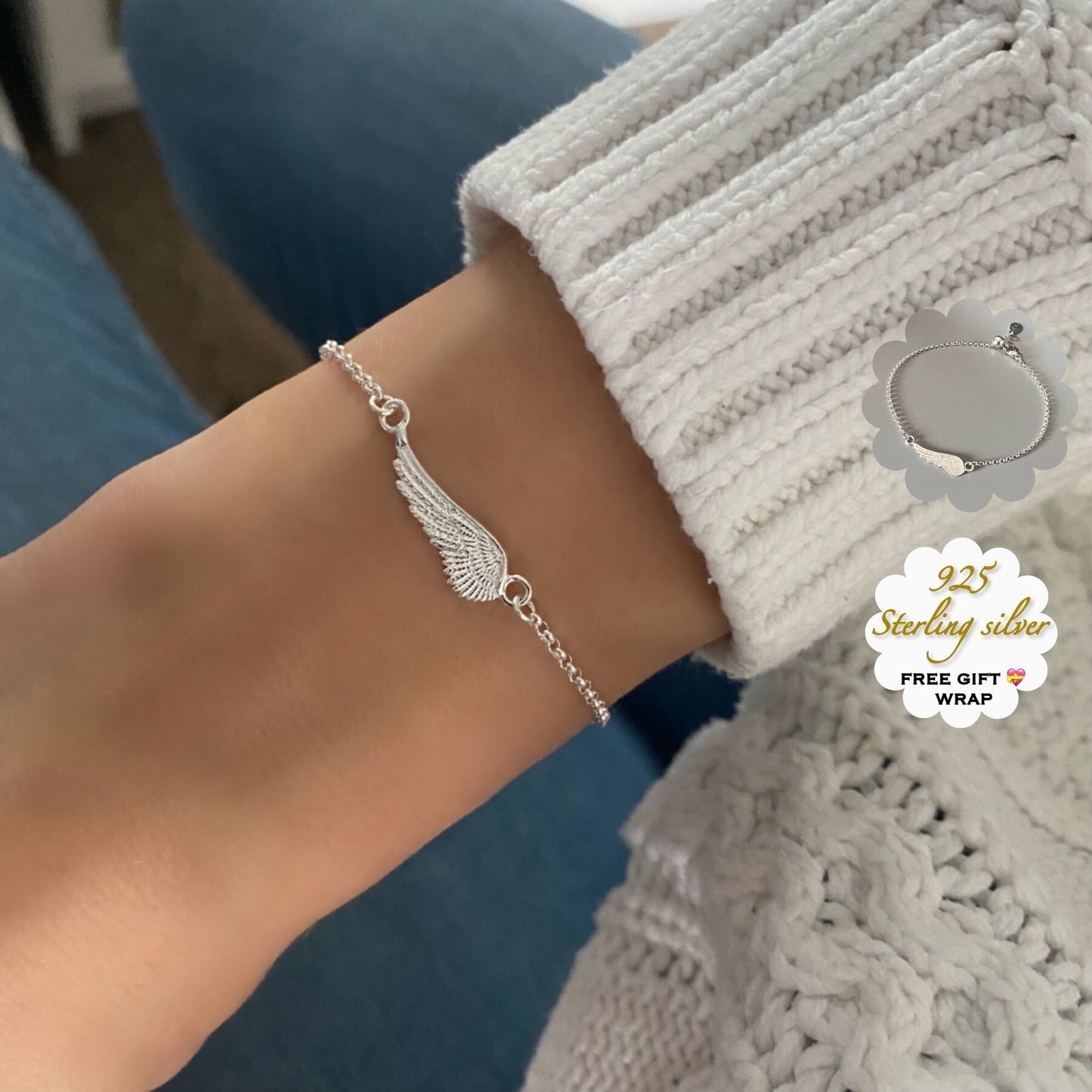 angel wing sterling silver dainty chain bracelet, charm bracelet, handmade jewellery, minimalist jewellery, sympathy gift, ALLEYA-SB7