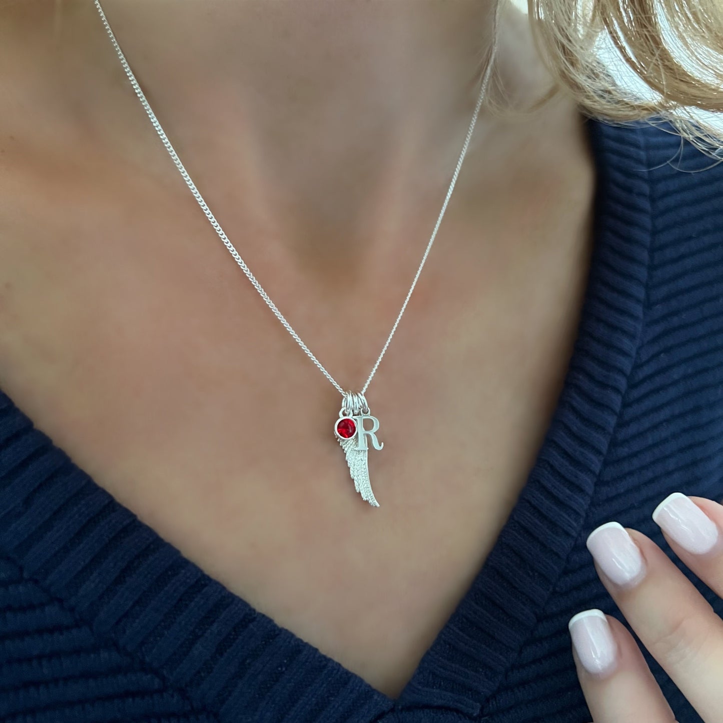 initial necklace with angel wing and birthstone charm, multi charm necklace, birthday gifts, handmade gifts, STELLA-SN19