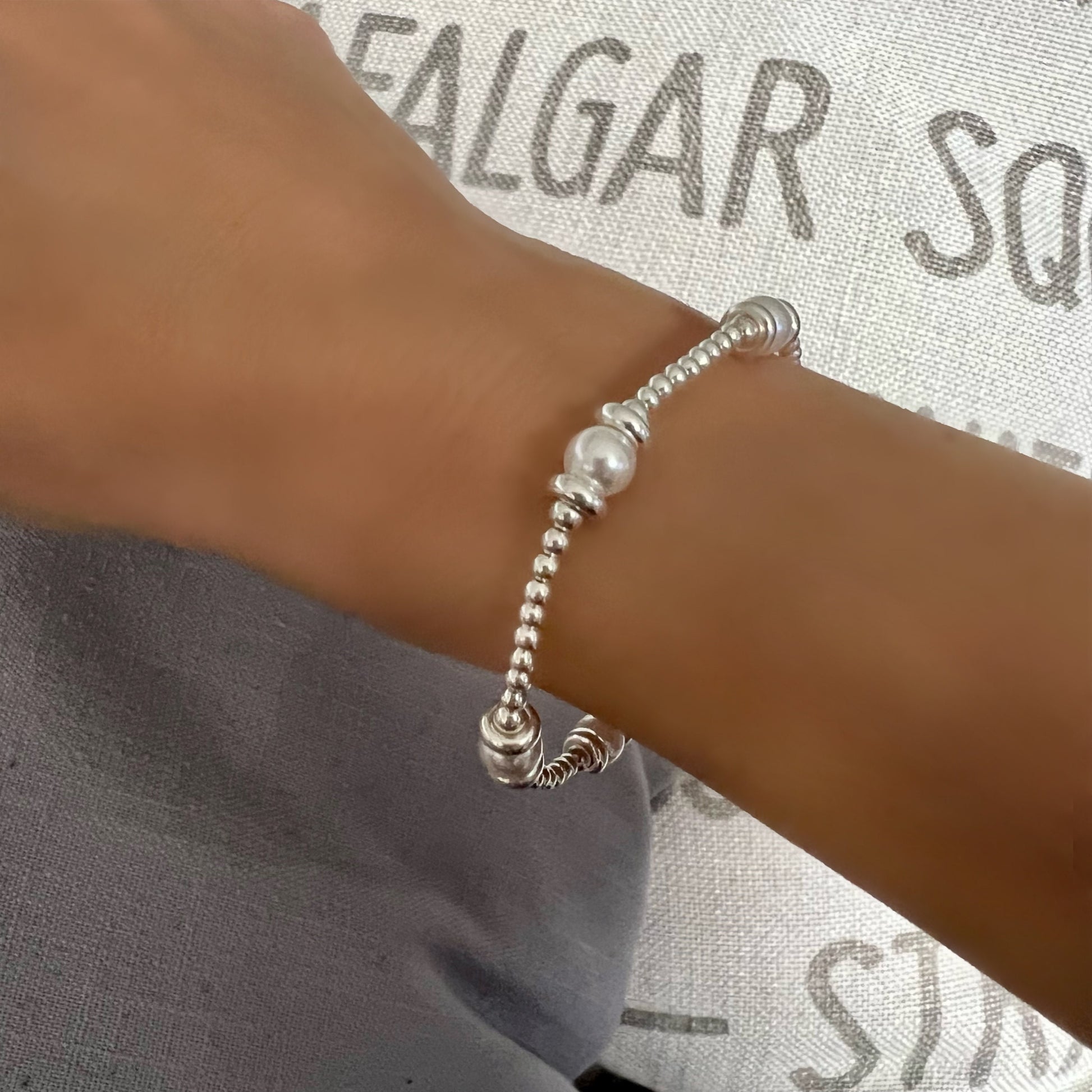 white pearl bracelet, sterling silver, handmade beaded stacking bracelet, gift for her, personalised jewellery, Sarah SBM04