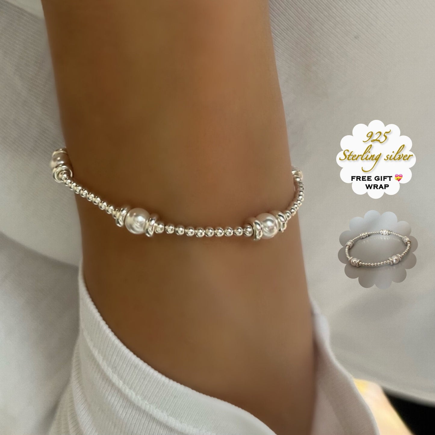 white pearl bracelet, sterling silver, handmade beaded stacking bracelet, gift for her, personalised jewellery, Sarah SBM04