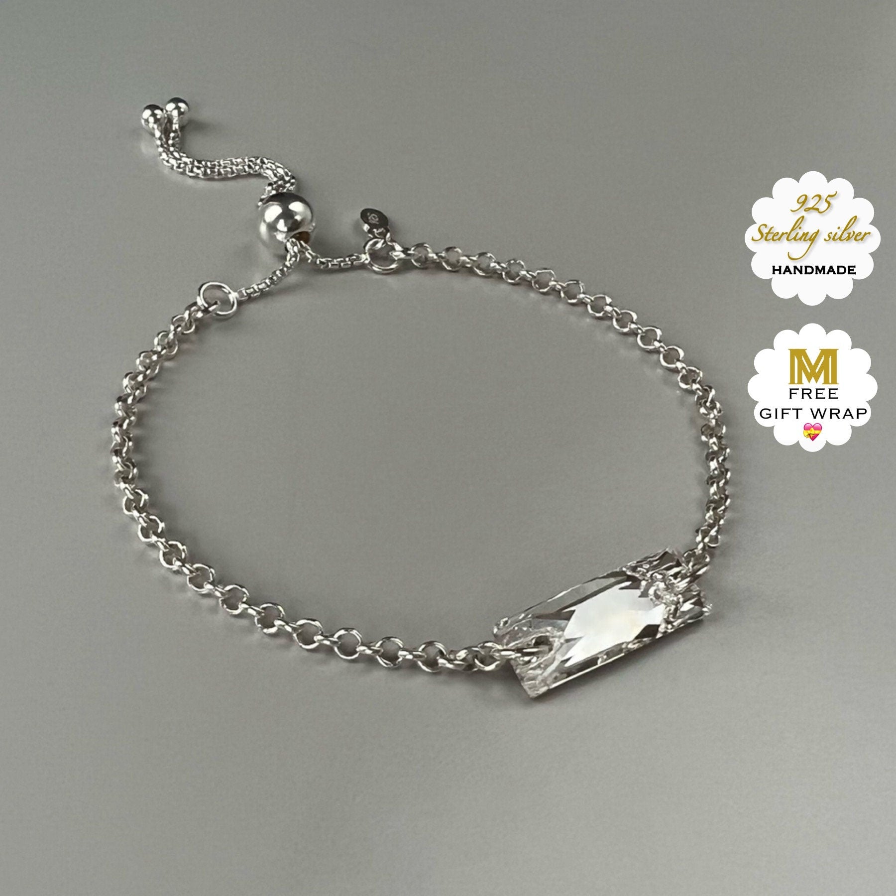 silver bar bracelet, handmade gifts, chain bracelet with crystal, minimalist jewellery, birthday gift, bracelet for women, Georgia SBM07