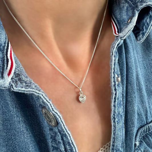 heart charm necklace, sterling silver, gift for mum, handmade, bridesmaids gift, birthday gifts, minimalist necklace, CRYSTAL heart-SNM02