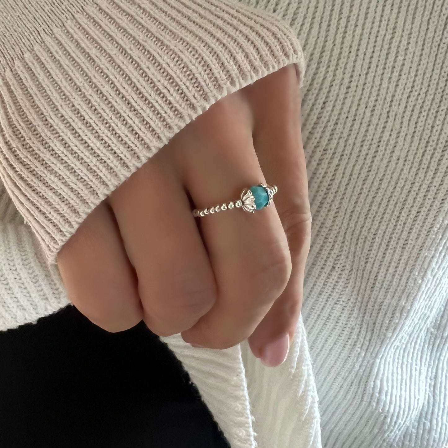 turquoise ring, dainty stacking ring, handmade gifts, beaded stretch ring birthday gift, gifts for women, Bubble SRM08