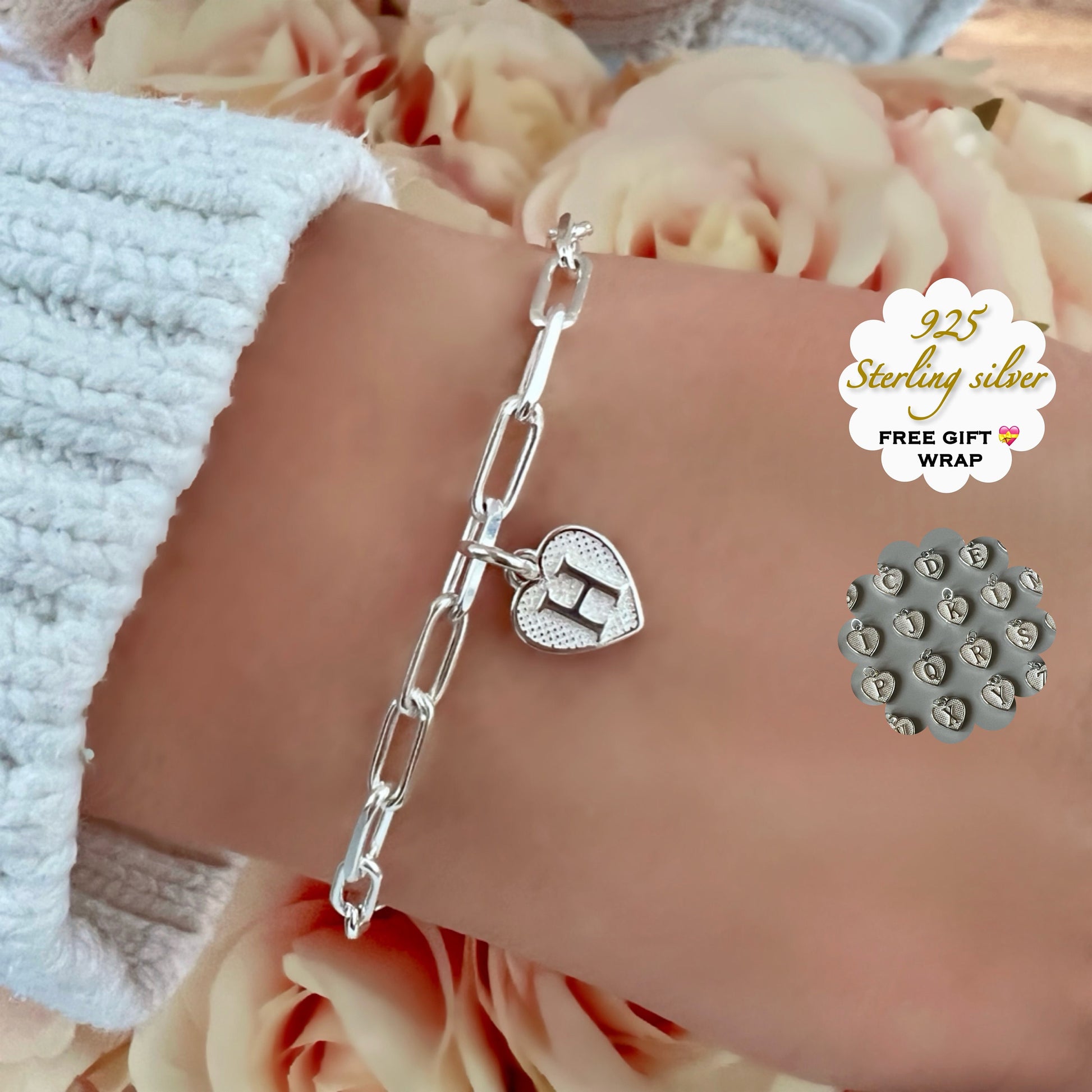 initial silver bracelet, personalised jewellery, monogram bracelet, letter heart charm bracelet, 18th birthday gift, Heart initial-SBM12