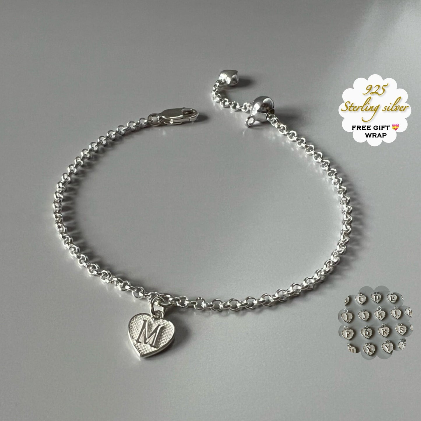 initial bracelet, personalised jewellery, letter charm bracelet, sterling silver chain bracelet, bridesmaids gift, HANNA heart initial SBM14