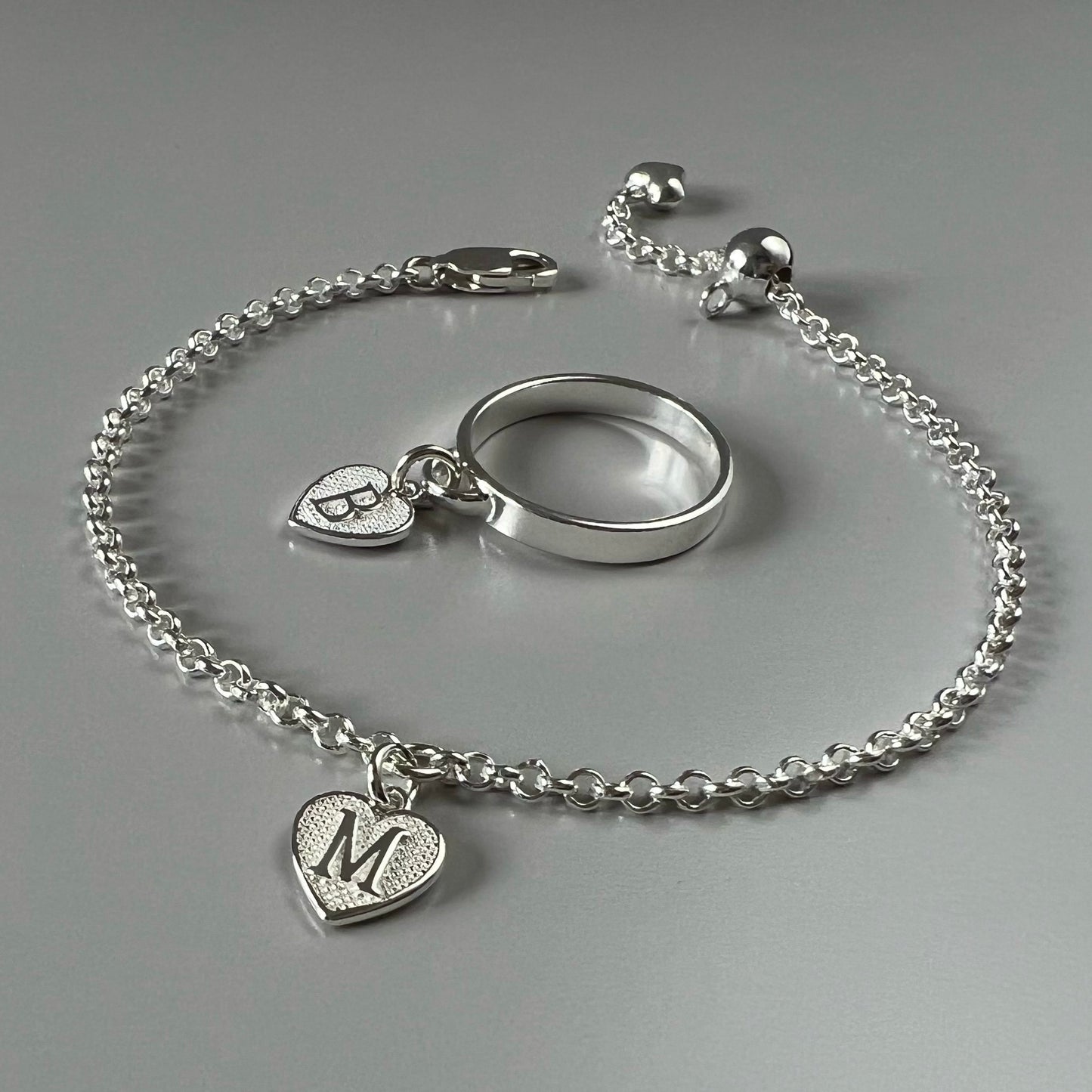 initial bracelet and ring set, sterling silver, handmade, personalised jewellery, monogram heart charm, gifts for women, Heart initial set