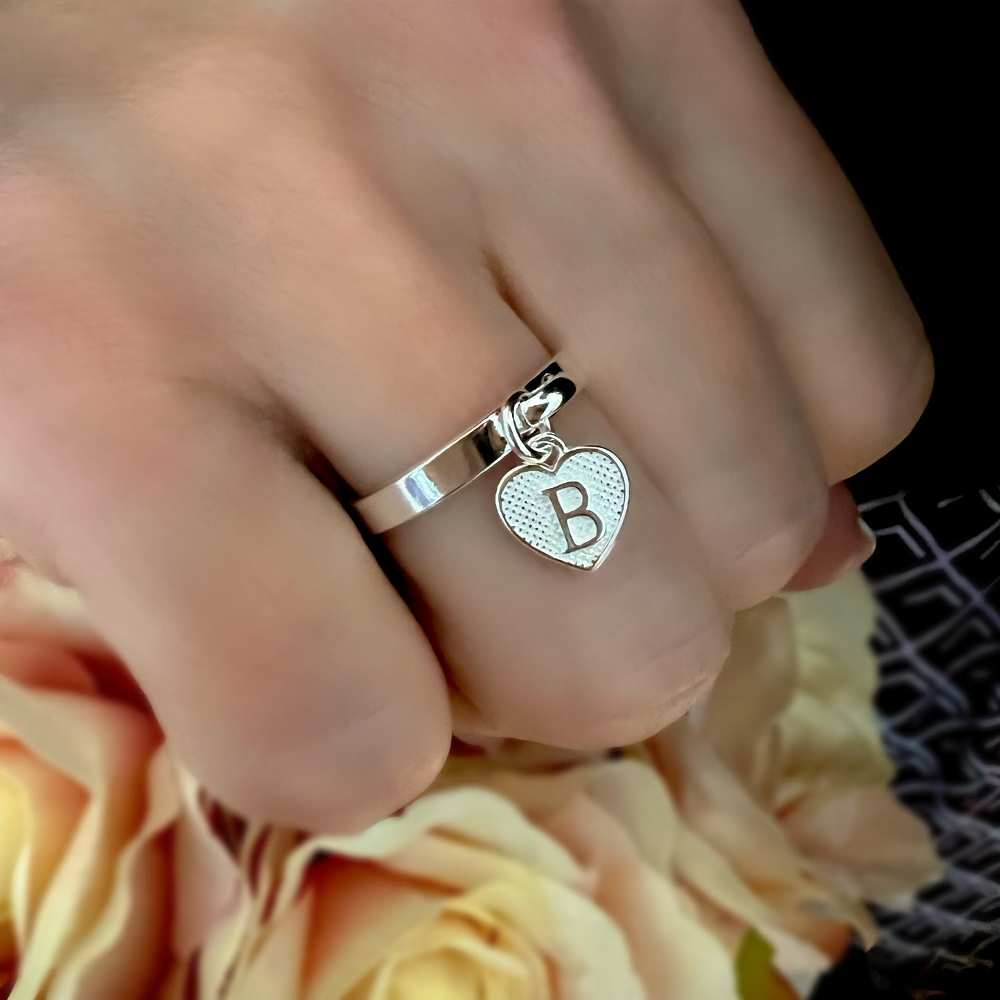 initial bracelet and ring set, sterling silver, handmade, personalised jewellery, monogram heart charm, gifts for women, Heart initial set