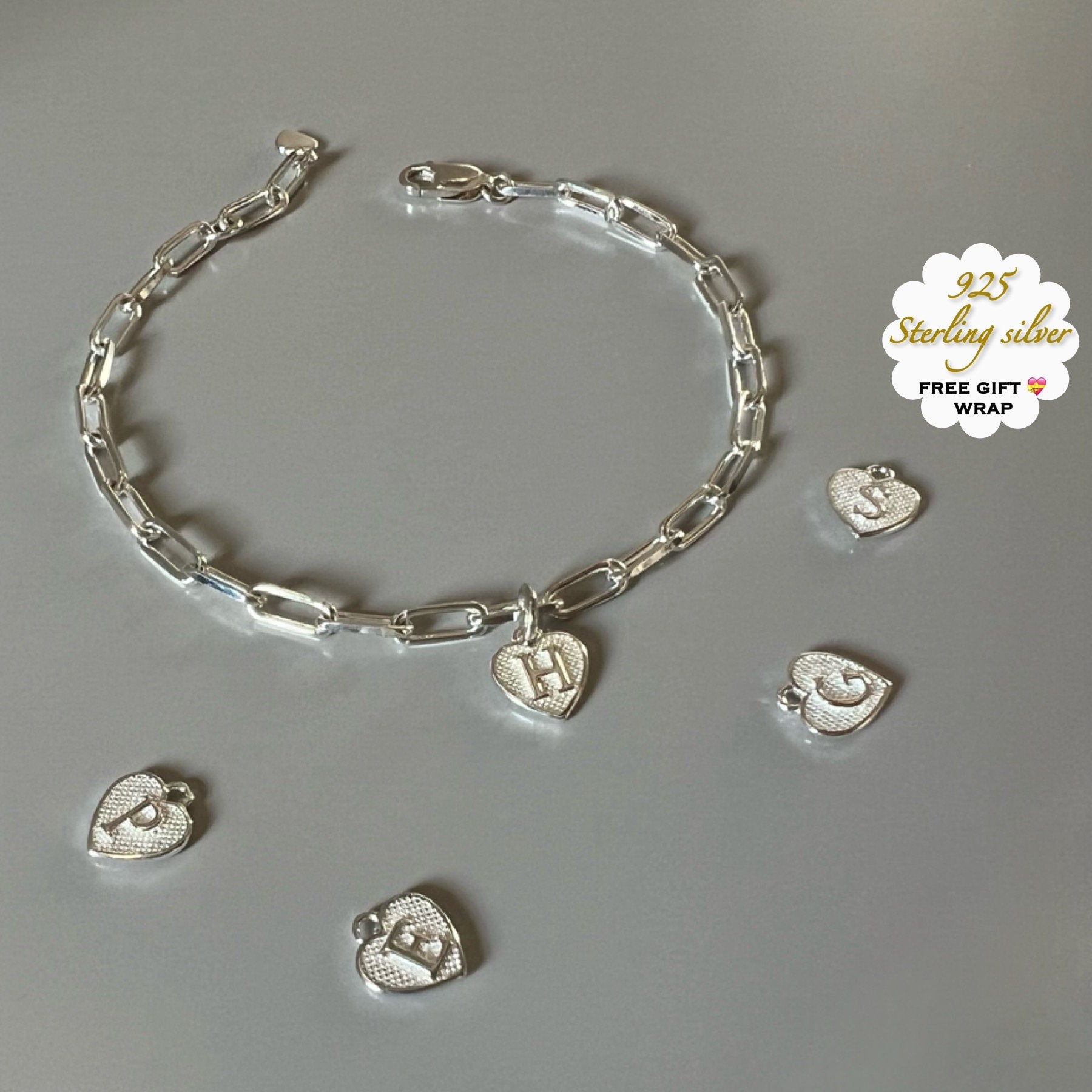 initial silver bracelet, personalised jewellery, monogram bracelet, letter heart charm bracelet, 18th birthday gift, Heart initial-SBM12