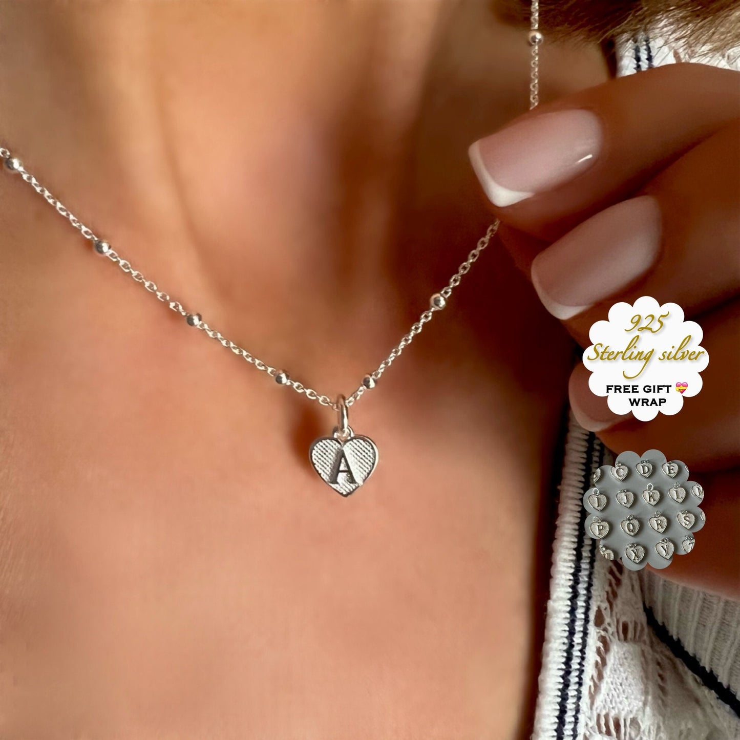 dainty initial necklace, gift for her, monogram pendant, sterling silver jewellery, custom letter, 18th birthday gift, heart initial-SNM14