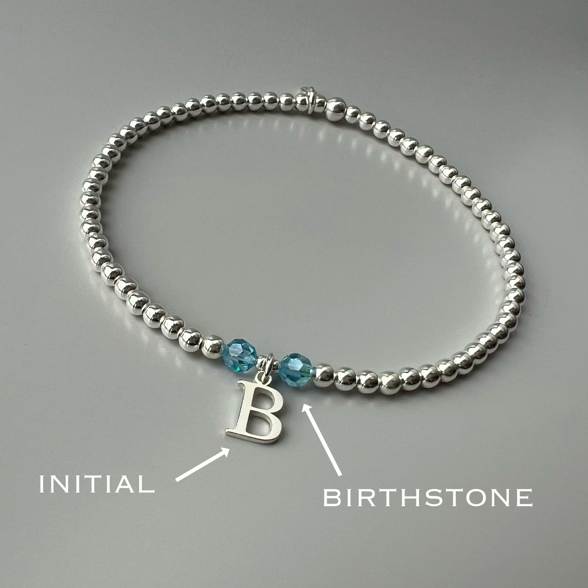 birthstone initial bracelet, 18th birthday gift, stretchy bracelet, sterling silver, personalised jewellery, handmade gift, bead bracelet