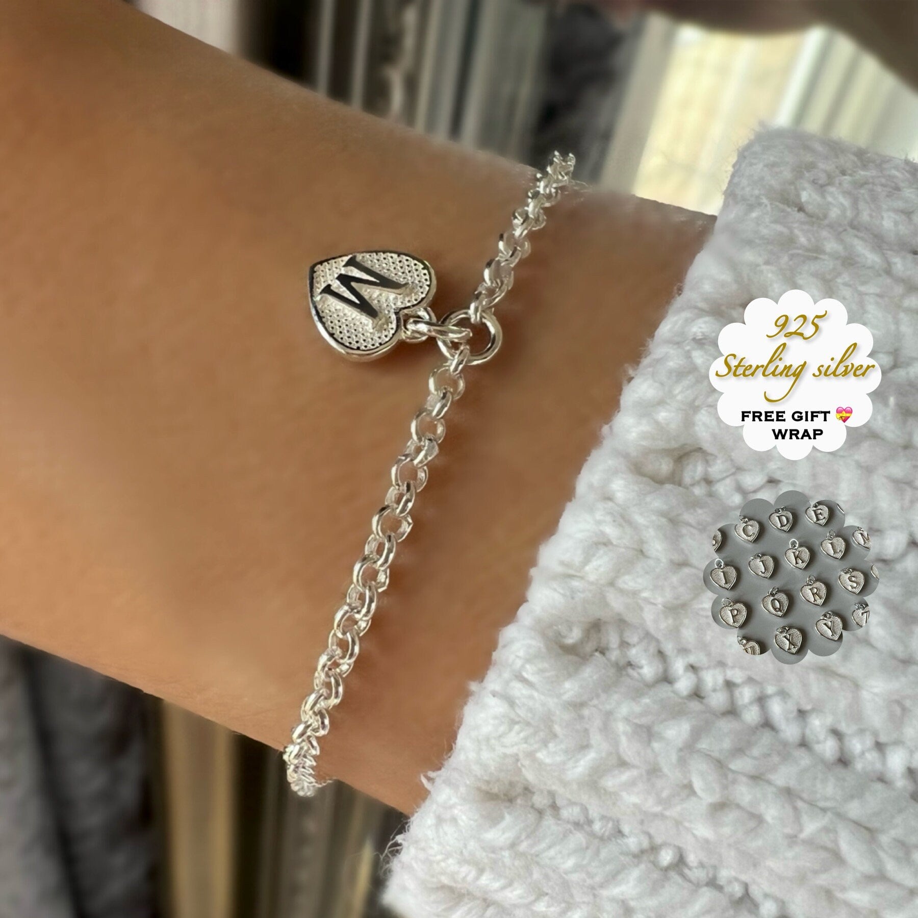 initial bracelet, personalised jewellery, letter charm bracelet, sterling silver chain bracelet, bridesmaids gift, HANNA heart initial SBM14