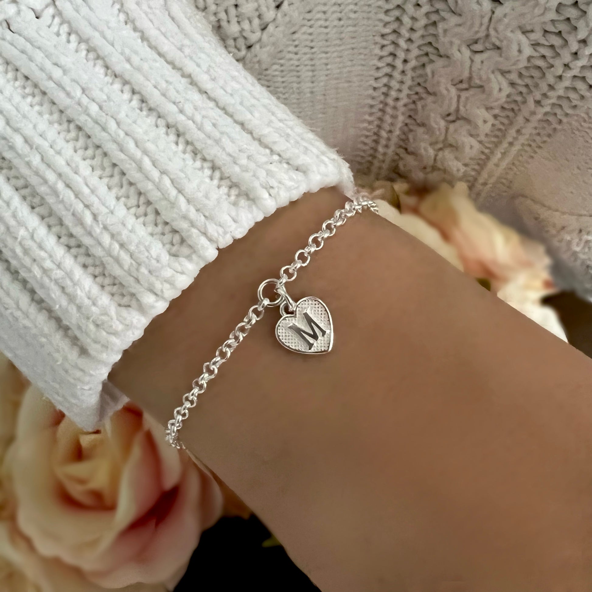 initial bracelet and ring set, sterling silver, handmade, personalised jewellery, monogram heart charm, gifts for women, Heart initial set