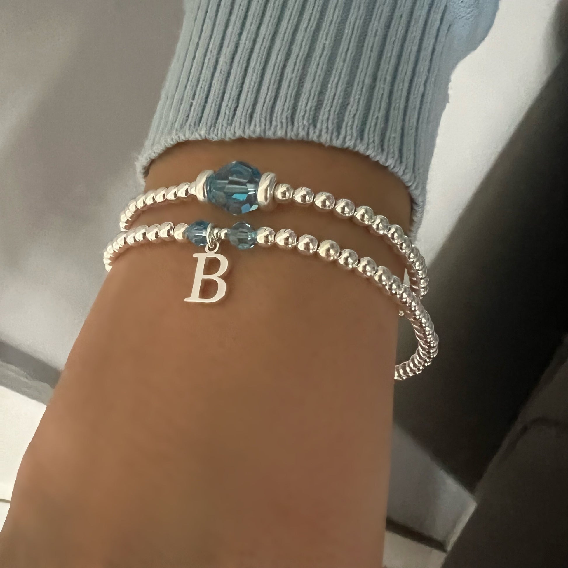 birthstone initial bracelet, 18th birthday gift, stretchy bracelet, sterling silver, personalised jewellery, handmade gift, bead bracelet