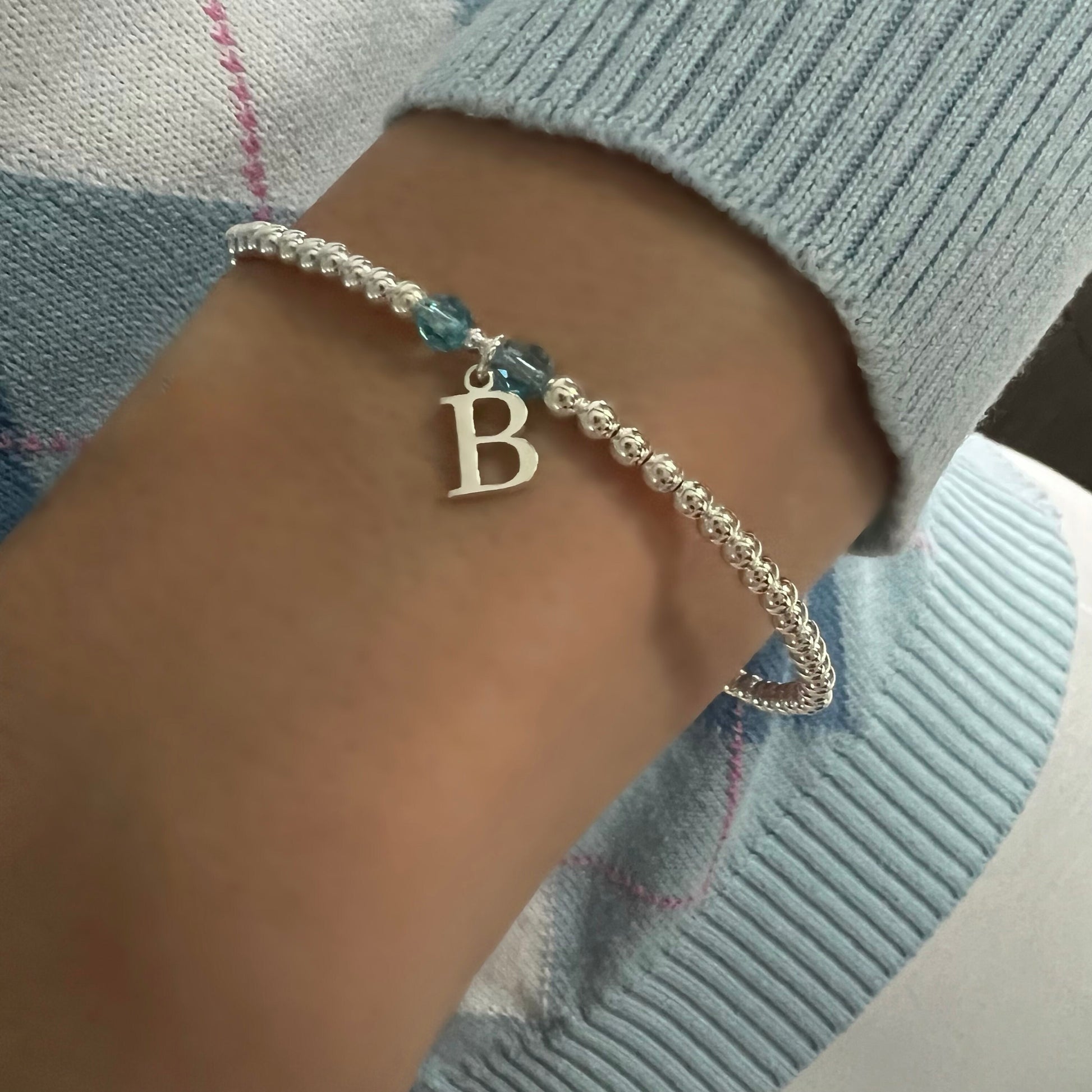 birthstone initial bracelet, 18th birthday gift, stretchy bracelet, sterling silver, personalised jewellery, handmade gift, bead bracelet