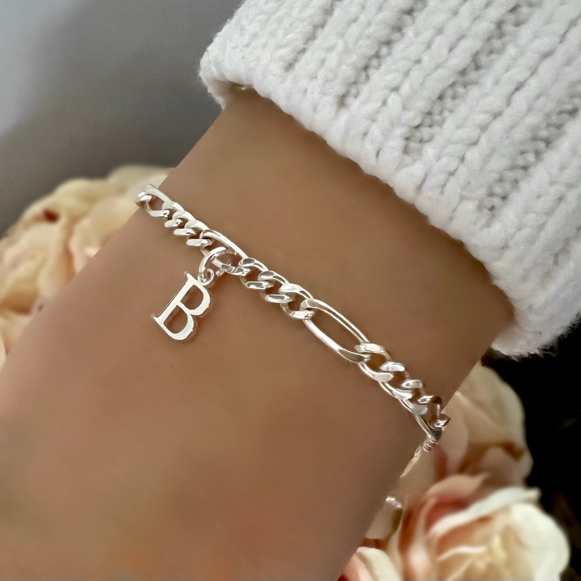 initial sterling silver bracelet, minimalist figaro chain, personalised jewellery, monogram bracelet,18th birthday gift, GRACE initial SBM18