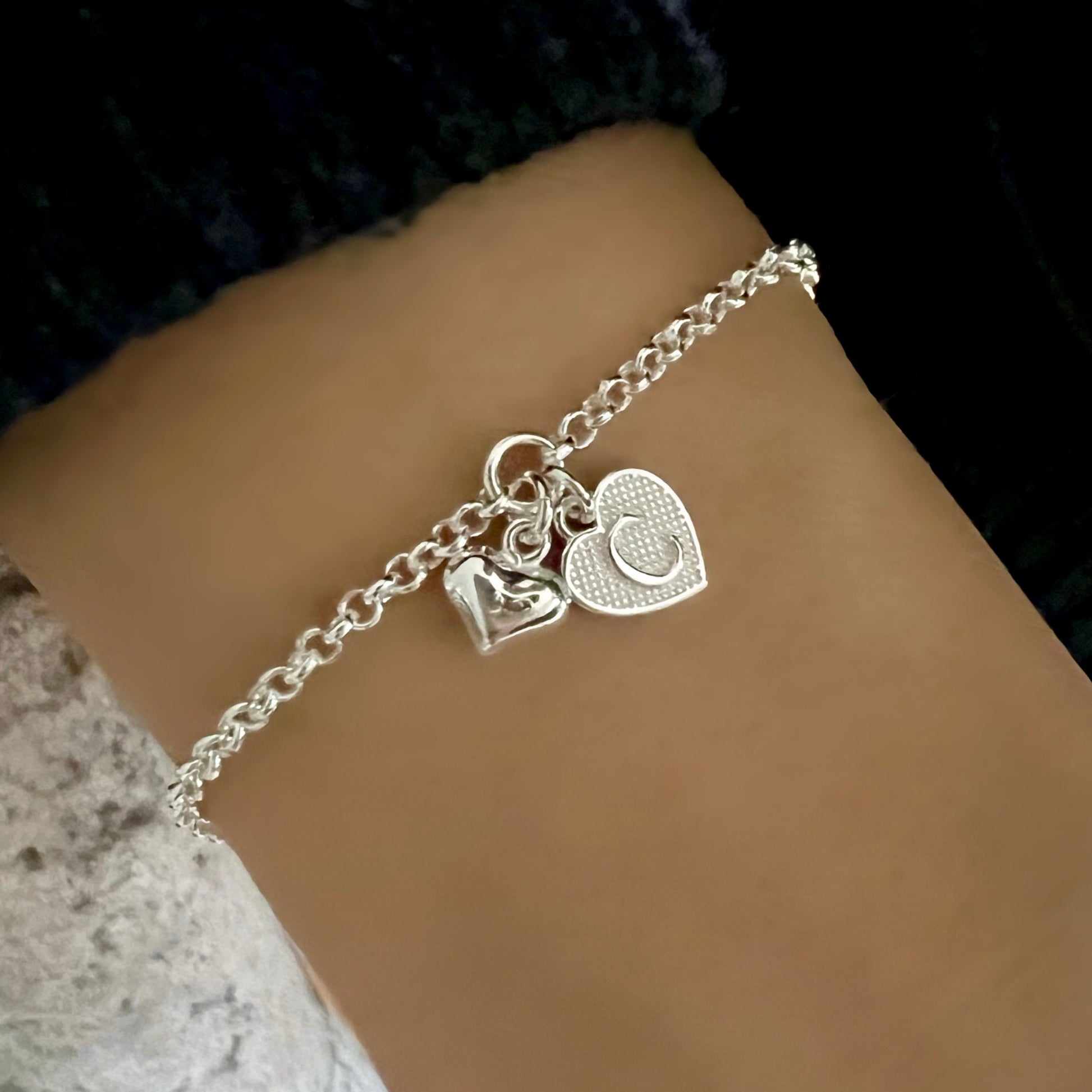 custom initial bracelet, sterling silver, 18th birthday gift, personalised jewellery, letter charm, gifts for women, Hanna double heart SBM