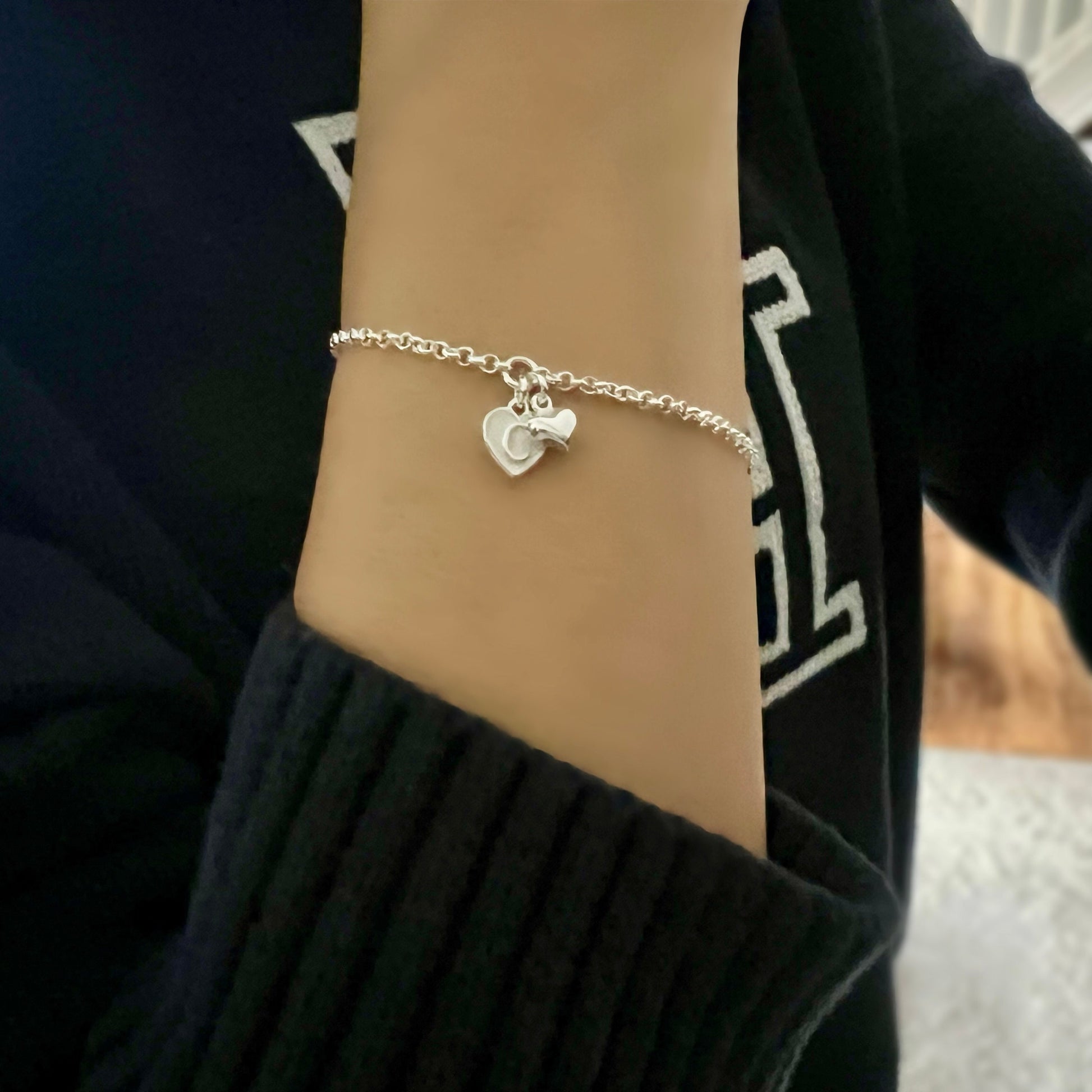 custom initial bracelet, sterling silver, 18th birthday gift, personalised jewellery, letter charm, gifts for women, Hanna double heart SBM