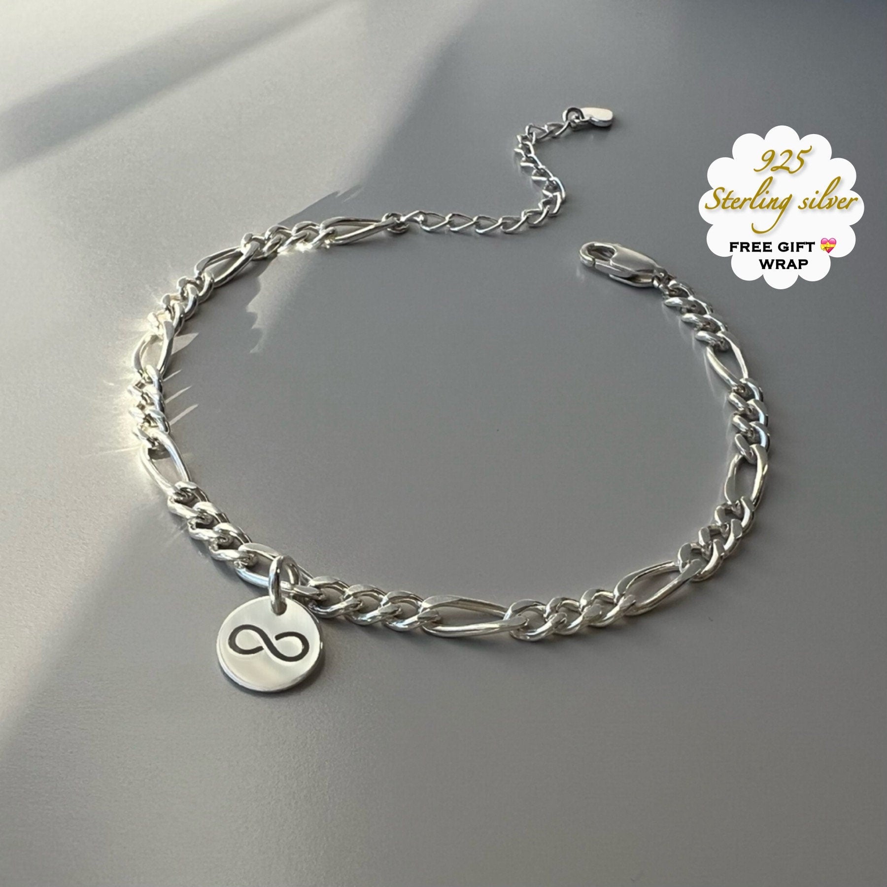 infinity charm bracelet, figaro chain bracelet, sterling silver jewellery, gift for women, handmade jewellery, GRACE Infinity SBM16