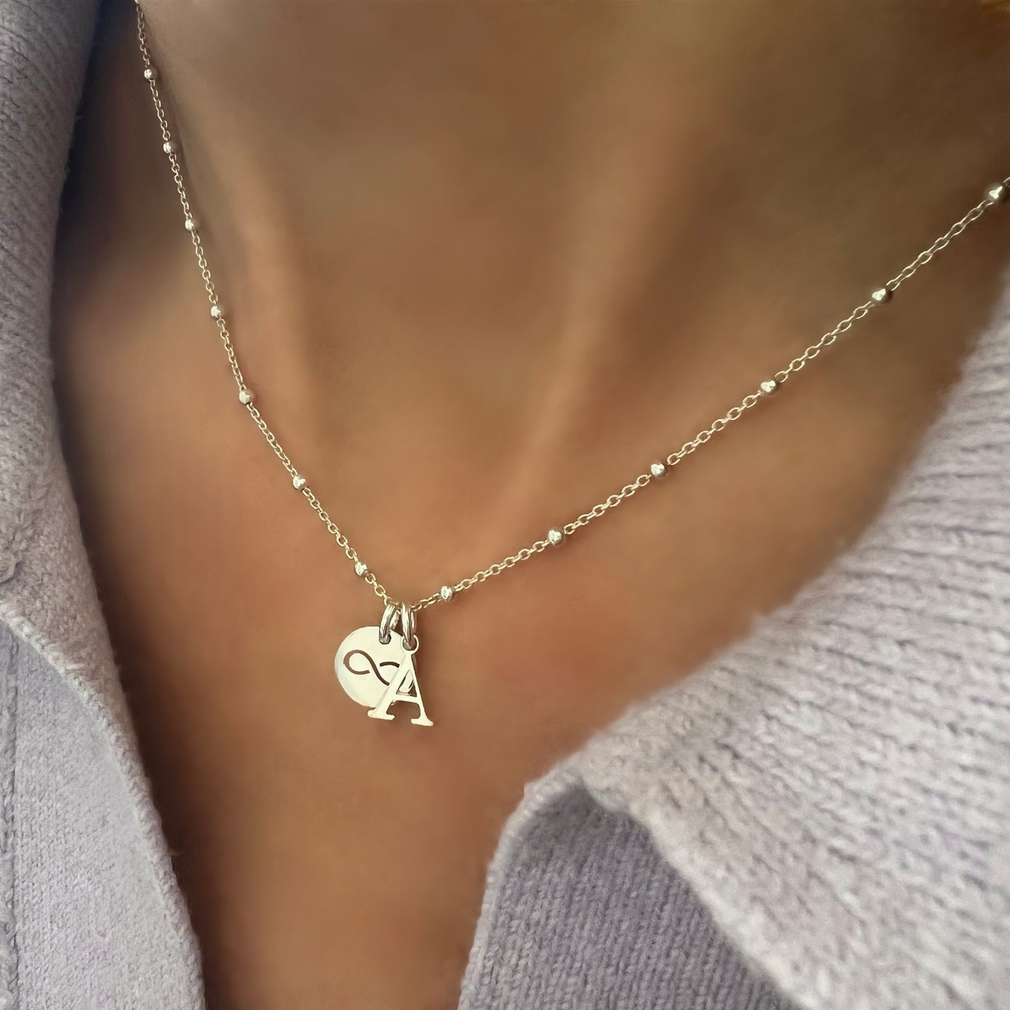 initial necklace, infinity charm, sterling silver, satellite chain, monogram necklace, 18th birthday gift, personalised, SNM300