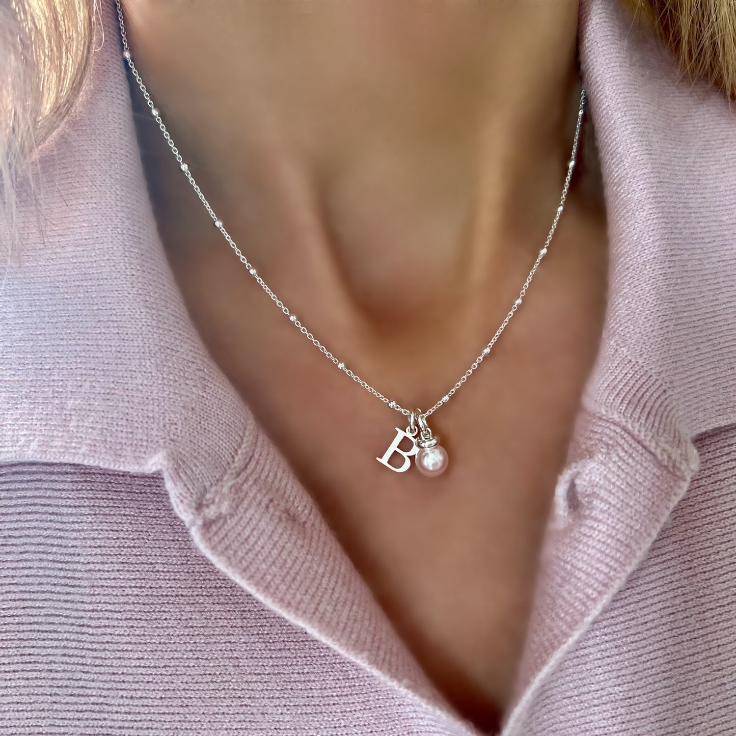 dainty initial necklace for her, sterling silver, pearl charm, monogram necklace, birthday gift, custom letter necklace, SNM17