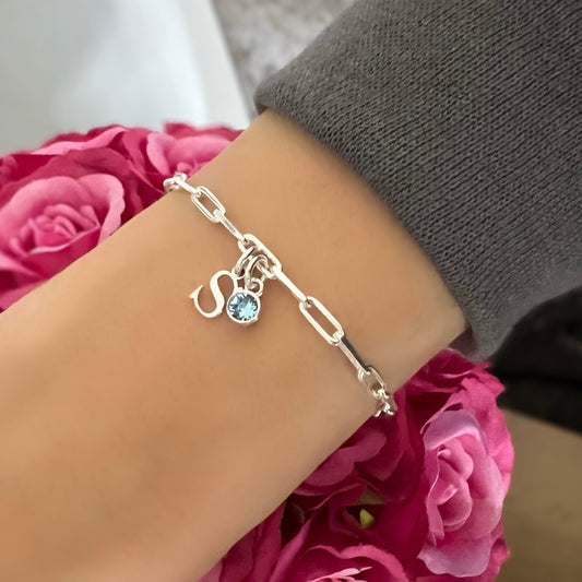 birthstone and initial sterling silver bracelet, personalised jewellery, monogram bracelet,18th birthday gift, LOTTI Initial&Birthstone-SB71