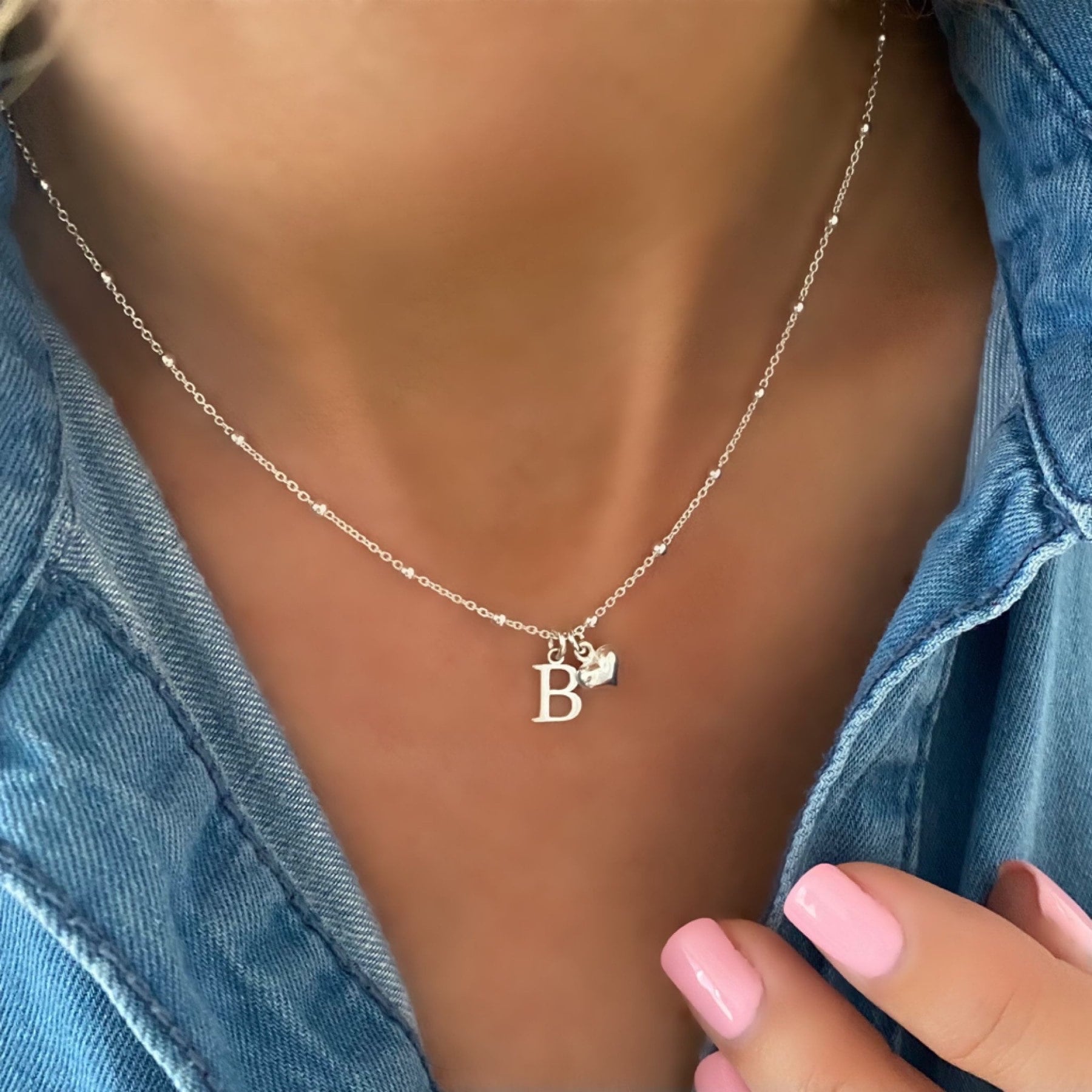 sterling silver initial necklace with heart charm, gifts for women, custom letter, monogram necklace, personalised gift, birthday gift SN32