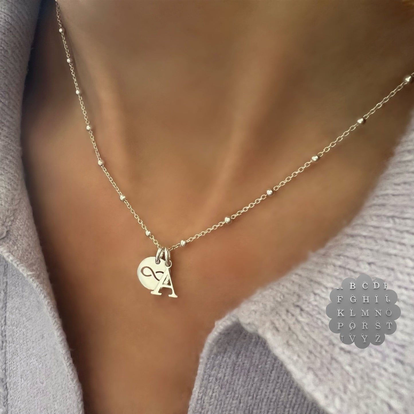 initial necklace, infinity charm, sterling silver, satellite chain, monogram necklace, 18th birthday gift, personalised, SNM300