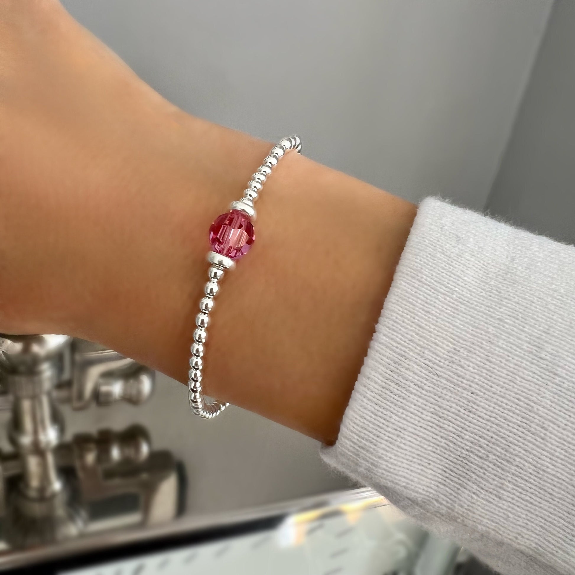 birthstone bracelet, sterling silver, handmade, bead bracelet, gift for her, personalised, stackable bracelet, stretchy, KELLY-SBM03