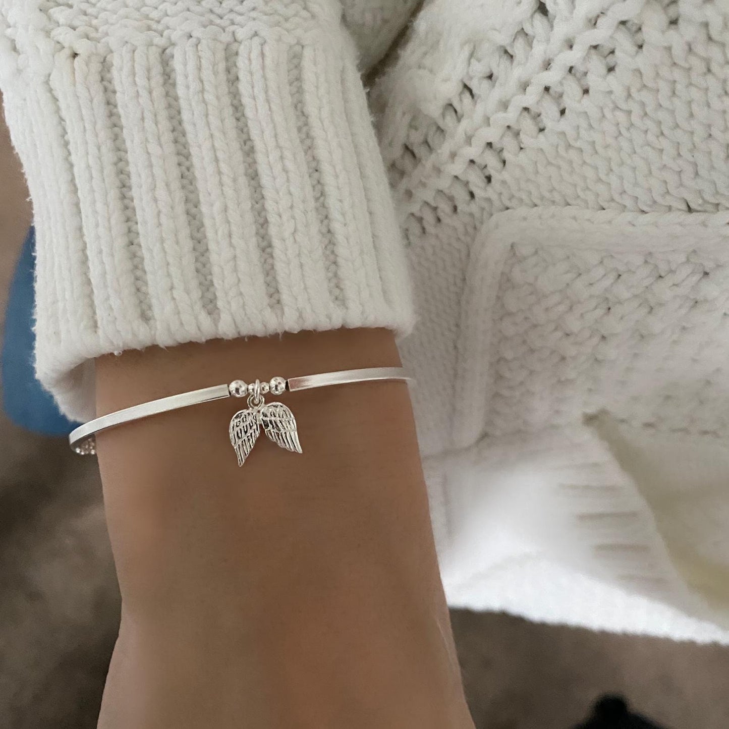 angel wing sterling silver bangle, charm bracelet, stretch stacking bracelet, minimalist jewellery, gifts for women, SIENA angel wing-SB59