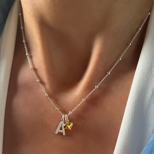 initial necklace with heart charm, satellite chain, letter necklace, monogram necklace, personalised jewellery, birthday gift, SNM01