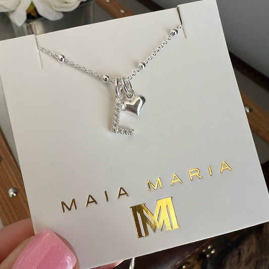 custom initial necklace with heart charm, sterling silver, personalised jewellery, 18th birthday gift, letter necklace, gift for wife, SNM01