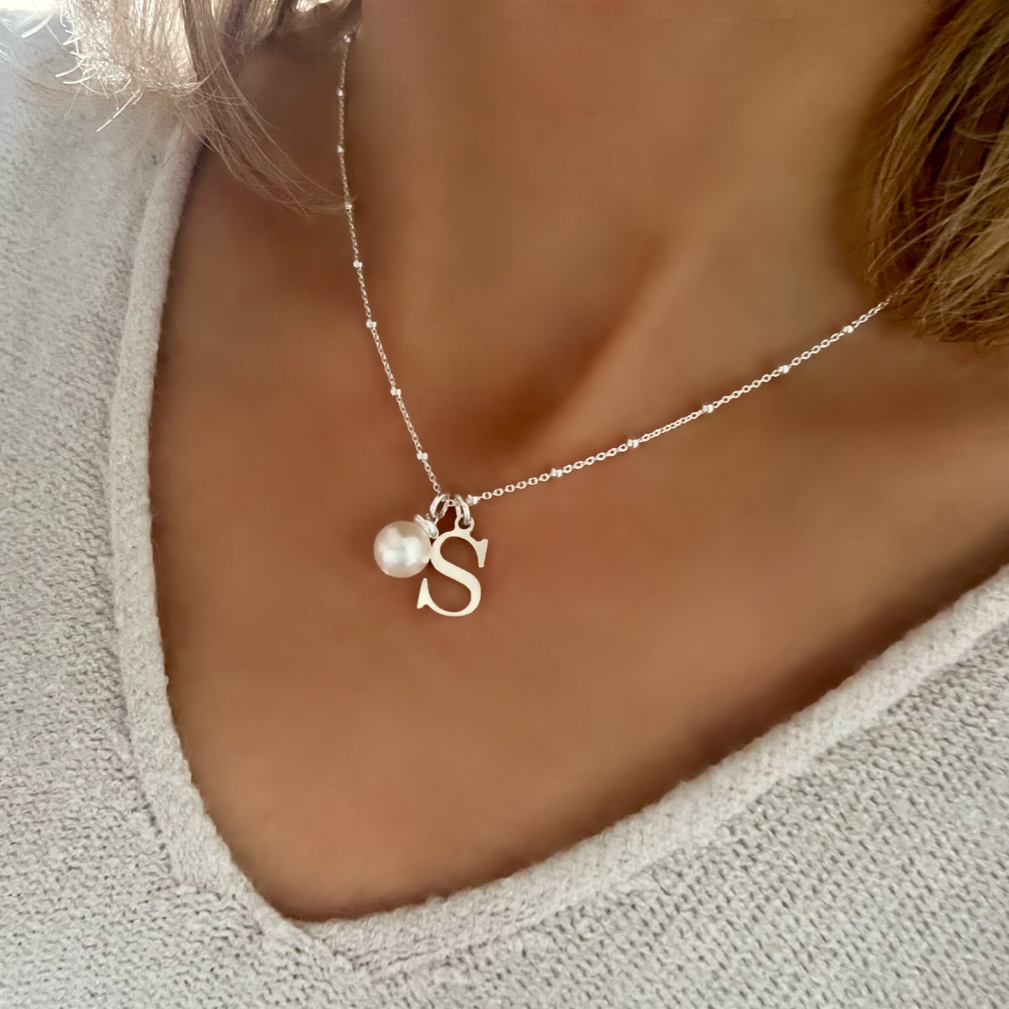 initial necklace, pearl charm, sterling silver, personalised jewellery, gift for women, monogram necklace, birthday gift, SNM21