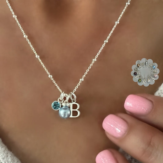 initial and birthstone necklace with pearl charm, sterling silver, monogram necklace, birthday gift, custom letter necklace, SNM18