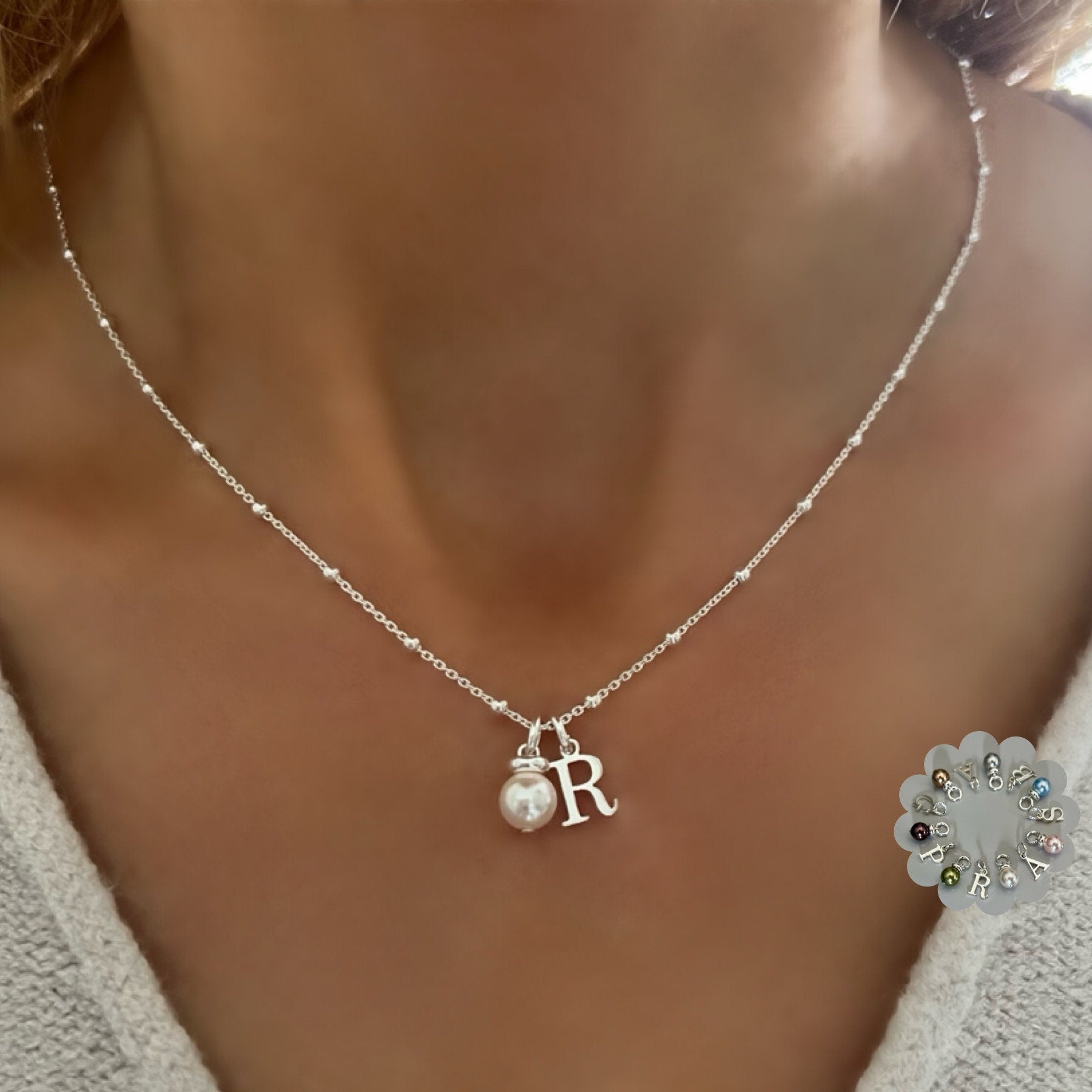 dainty initial necklace for her, sterling silver, pearl charm, monogram necklace, birthday gift, custom letter necklace, SNM17