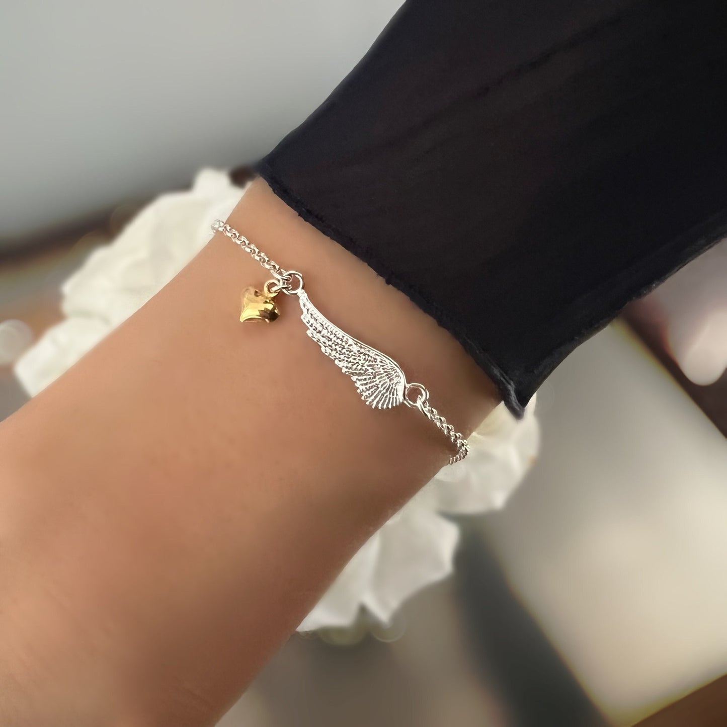 angel wing and heart sterling silver bracelet, dainty charm bracelet, minimalist jewellery, sympathy gift, ALLEYA heart-SB8