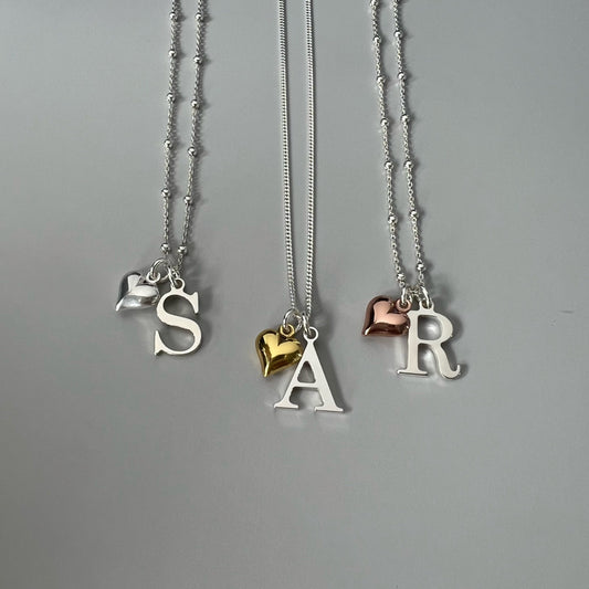 initial necklace with heart charm, sterling silver, satellite chain, monogram, personalised, gift for wife, gift for sister, SN56