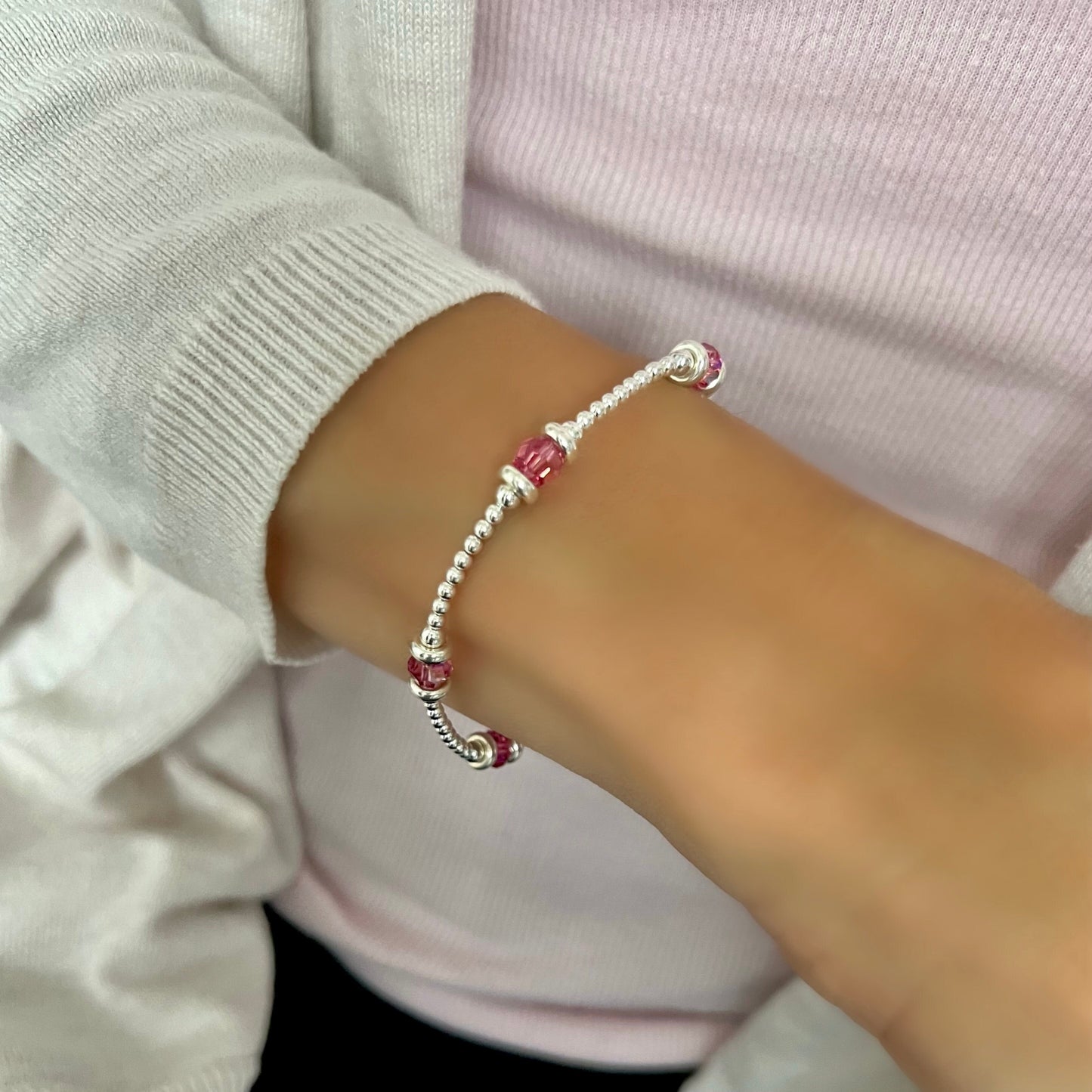 birthstone bracelet, sterling silver, bead bracelet, stretchy, handmade, gift for her, personalised jewellery, JESSICA SBM02